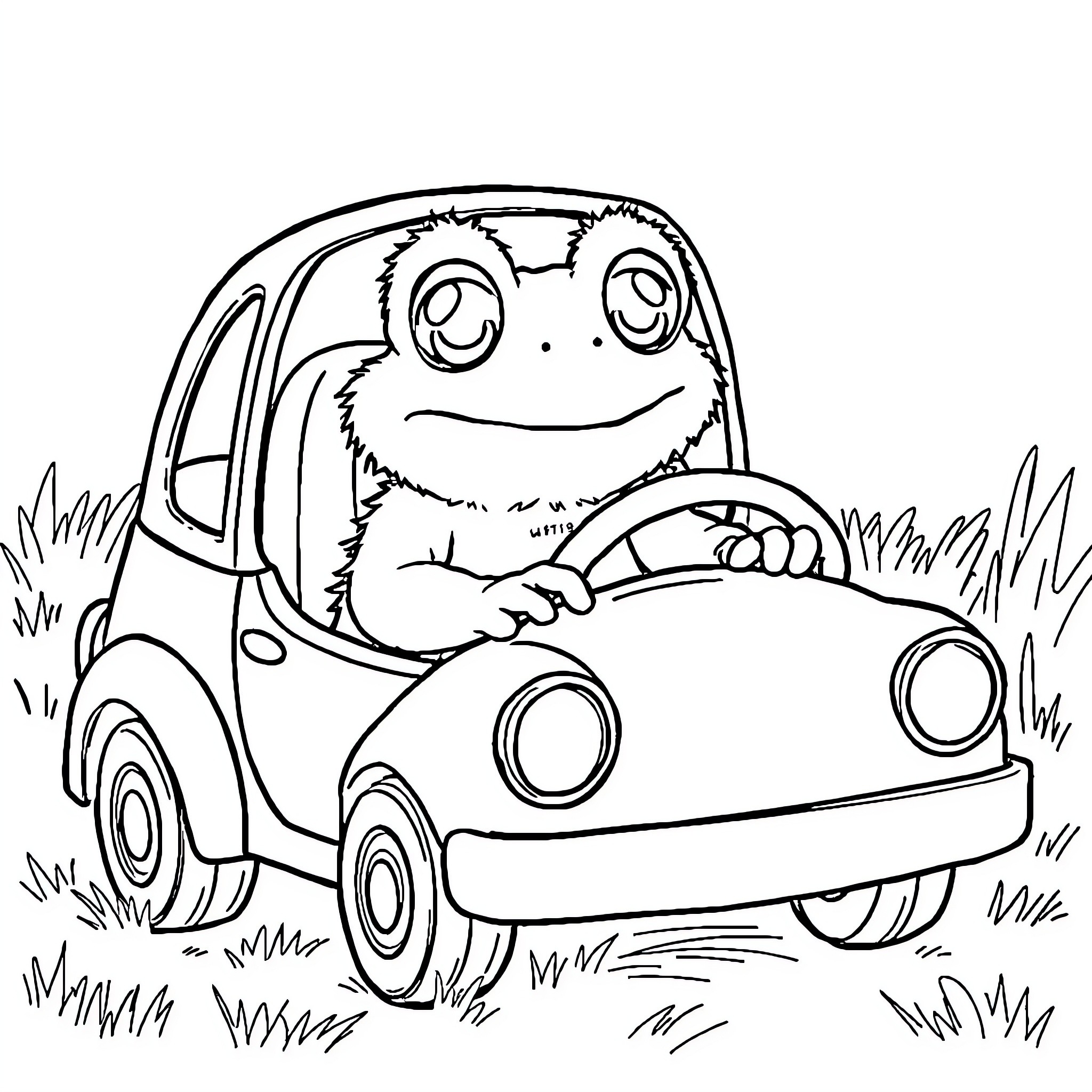 Frog driving a car in the grass Coloring Page (free black-and-white line drawing printable PDF for all, from beginners to advanced learners, including children, teens, adults, and seniors)