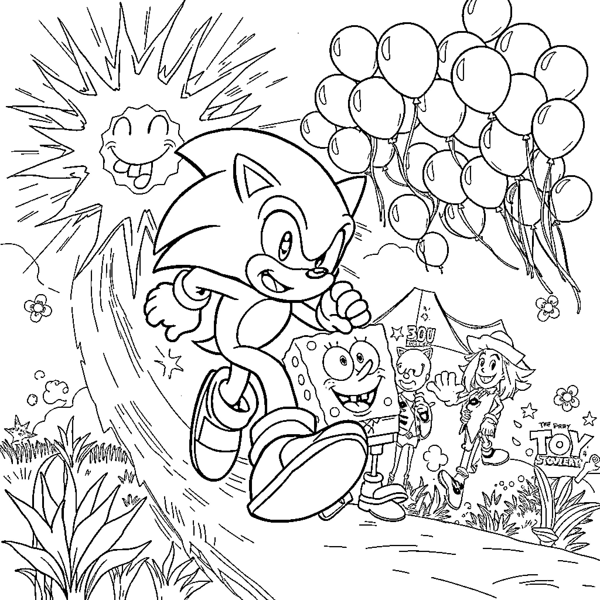 Sonic's Celebratory Adventure with Toy Story Friends Coloring Page (free black-and-white line drawing printable PDF for all, from beginners to advanced learners, including children, teens, adults, and seniors)