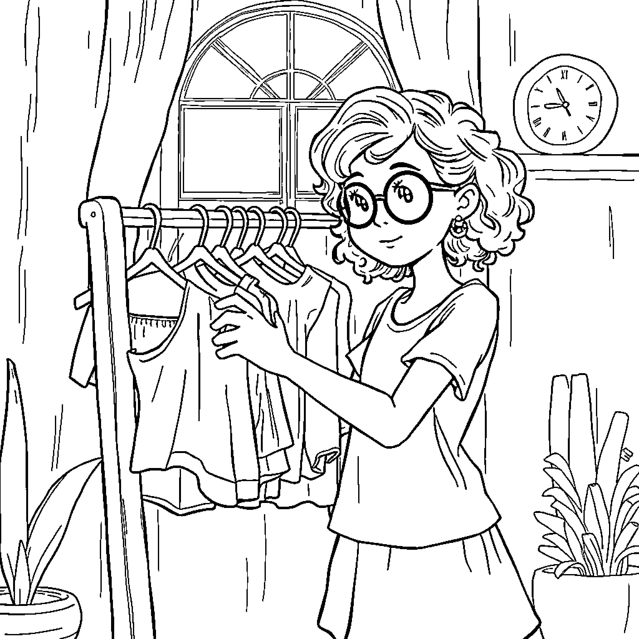 Girl browsing clothes in the closet Coloring Page (free black-and-white line drawing printable PDF for all, from beginners to advanced learners, including children, teens, adults, and seniors)