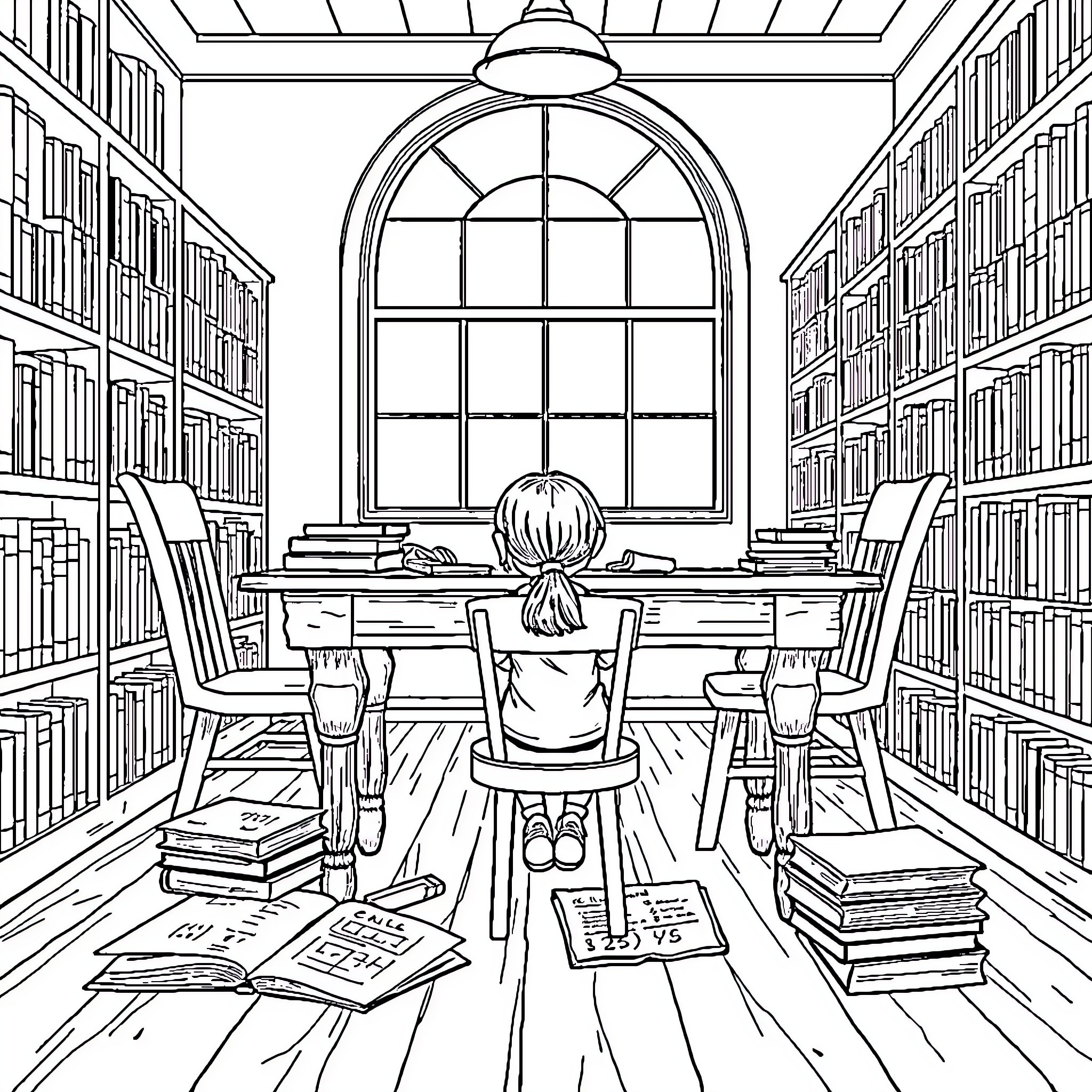 Girl studying diligently in the library Coloring Page (free black-and-white line drawing printable PDF for all, from beginners to advanced learners, including children, teens, adults, and seniors)