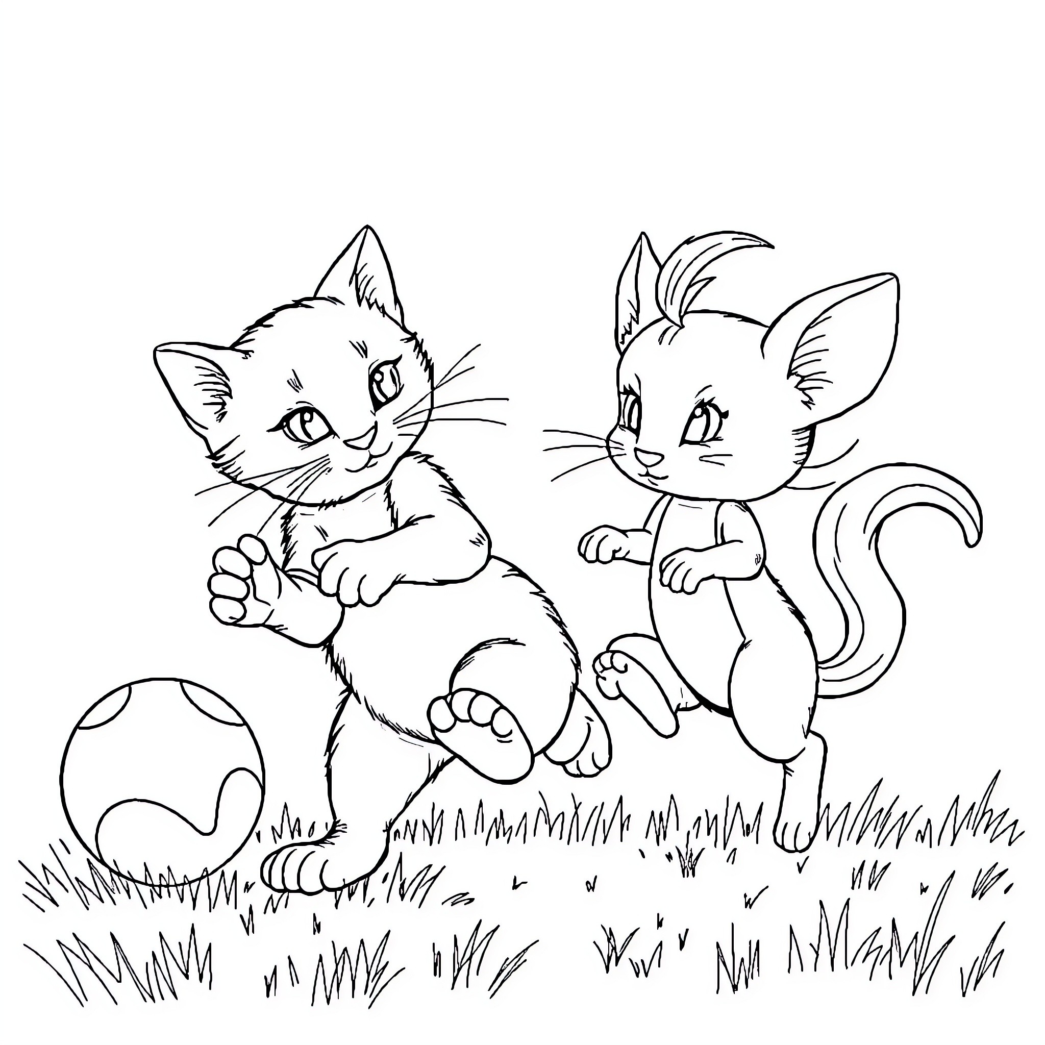 Gato Kittens Playing Outdoors Coloring Page (free black-and-white line drawing printable PDF for all, from beginners to advanced learners, including children, teens, adults, and seniors)