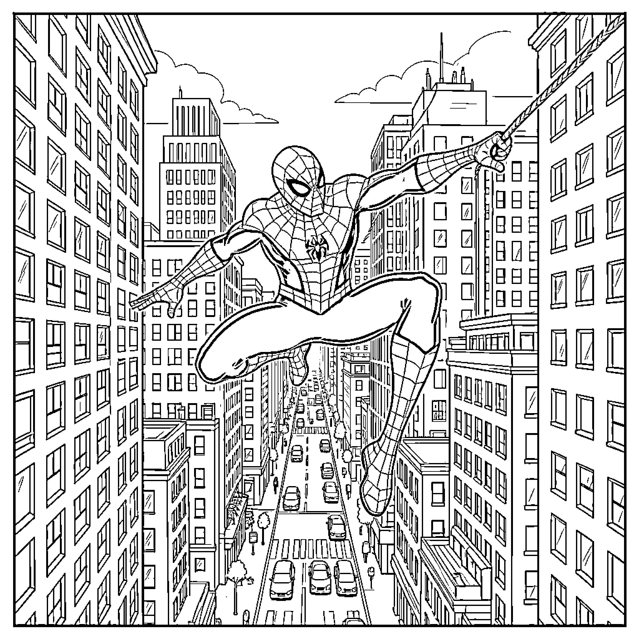 Spiderman swinging through the skyscrapers of the city Coloring Page (free black-and-white line drawing printable PDF for all, from beginners to advanced learners, including children, teens, adults, and seniors)