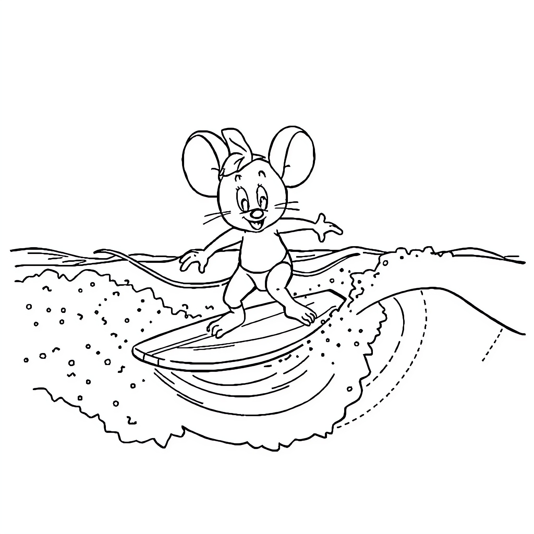 Miki Mouse surfing on a wave Coloring Page (free black-and-white line drawing printable PDF for all, from beginners to advanced learners, including children, teens, adults, and seniors)