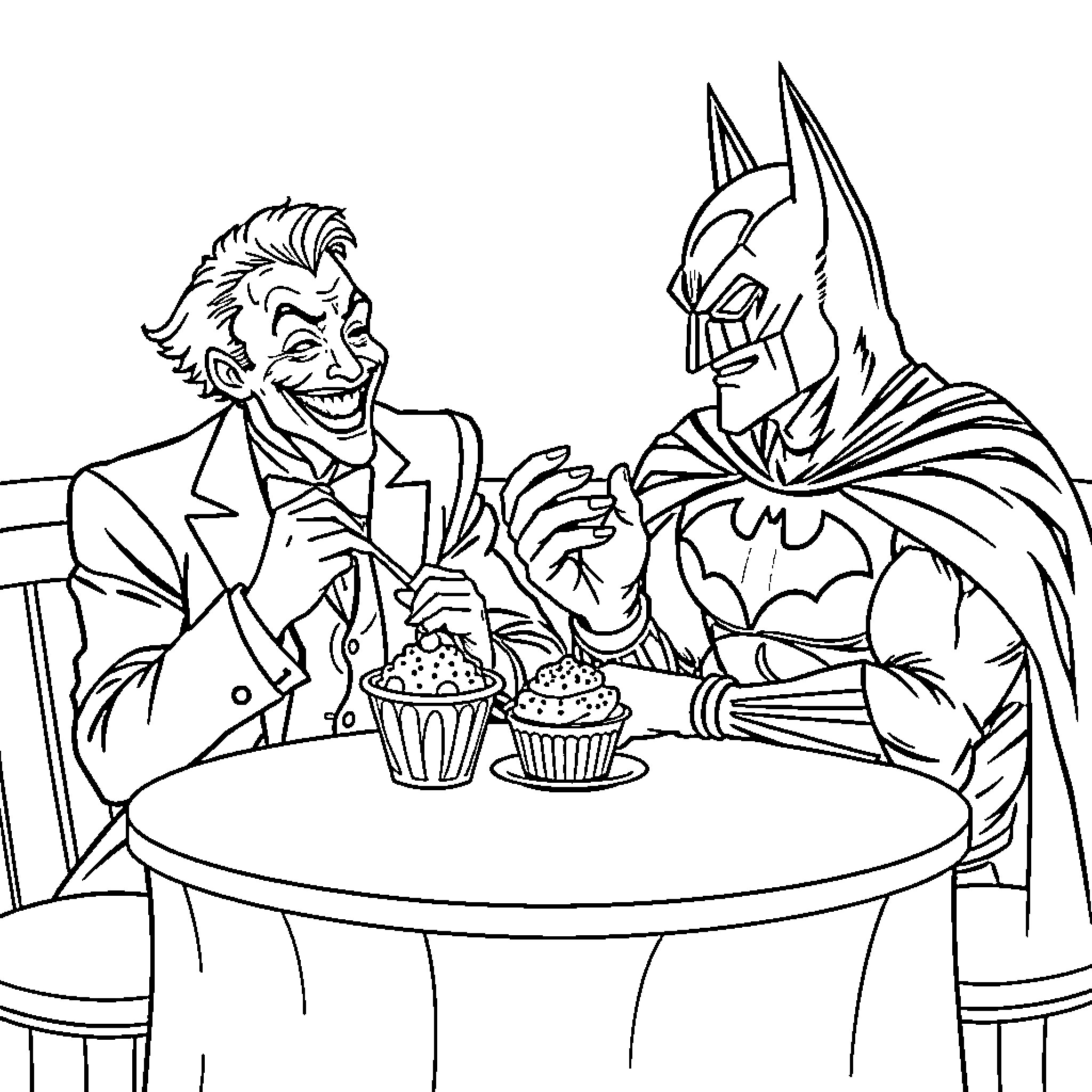 Joker and Batman Enjoying Cupcakes Together Coloring Page (free black-and-white line drawing printable PDF for all, from beginners to advanced learners, including children, teens, adults, and seniors)