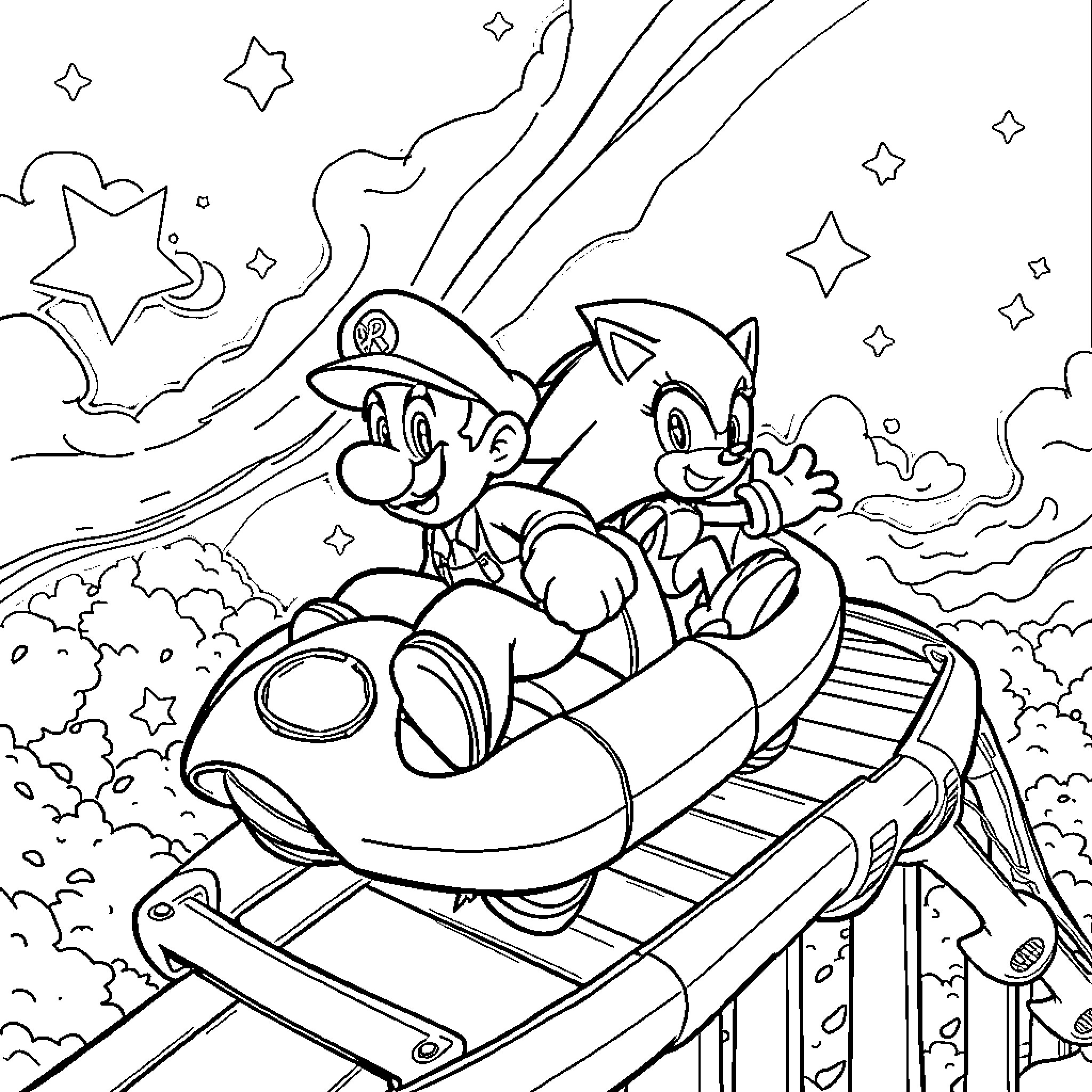 Mario and Companion Riding Exciting Rollercoaster in the Stars Coloring Page (free black-and-white line drawing printable PDF for all, from beginners to advanced learners, including children, teens, adults, and seniors)
