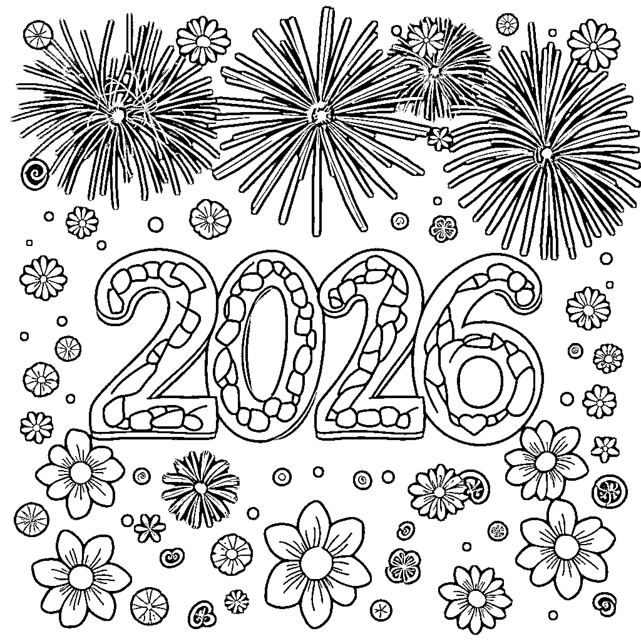 New Year Fireworks and Floral Celebration Coloring Page (free black-and-white line drawing printable PDF for all, from beginners to advanced learners, including children, teens, adults, and seniors)