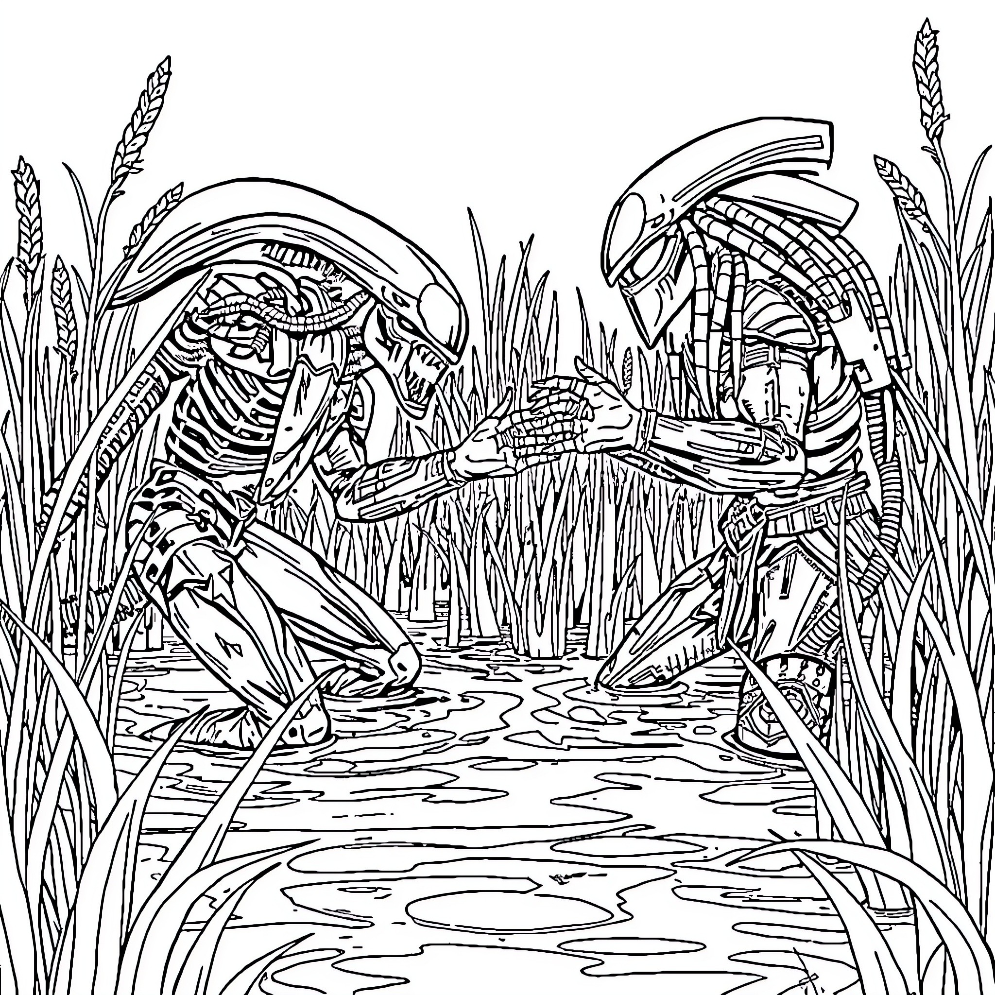 Alien vs Predator Fighting in Jungle Terrain Coloring Page (free black-and-white line drawing printable PDF for all, from beginners to advanced learners, including children, teens, adults, and seniors)