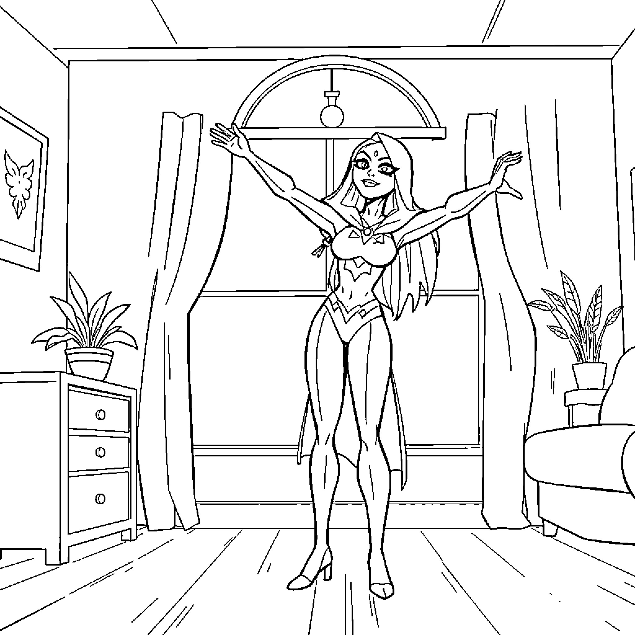 Raven embracing her freedom in a vibrant room Coloring Page (free black-and-white line drawing printable PDF for all, from beginners to advanced learners, including children, teens, adults, and seniors)