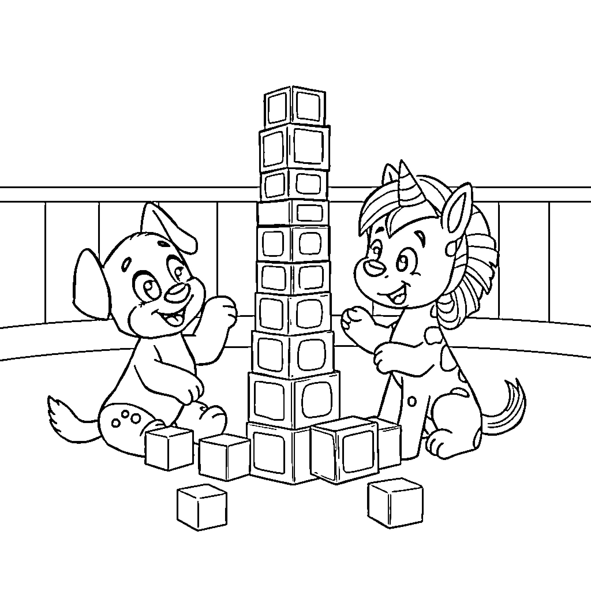 Bluey and friends building blocks tower Coloring Page (free black-and-white line drawing printable PDF for all, from beginners to advanced learners, including children, teens, adults, and seniors)