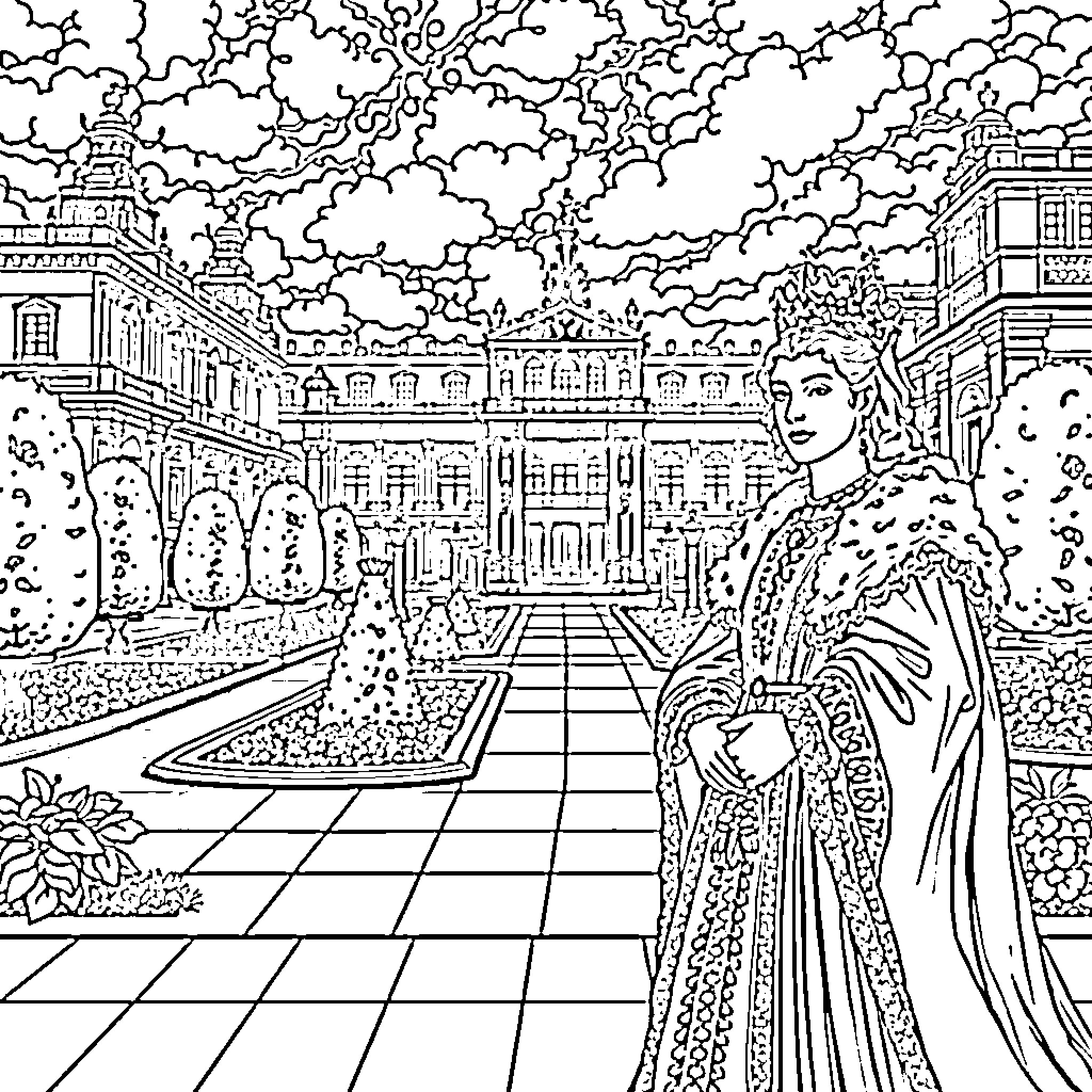 Versailles: Regal Elegance and Majestic Architecture Coloring Page (free black-and-white line drawing printable PDF for all, from beginners to advanced learners, including children, teens, adults, and seniors)
