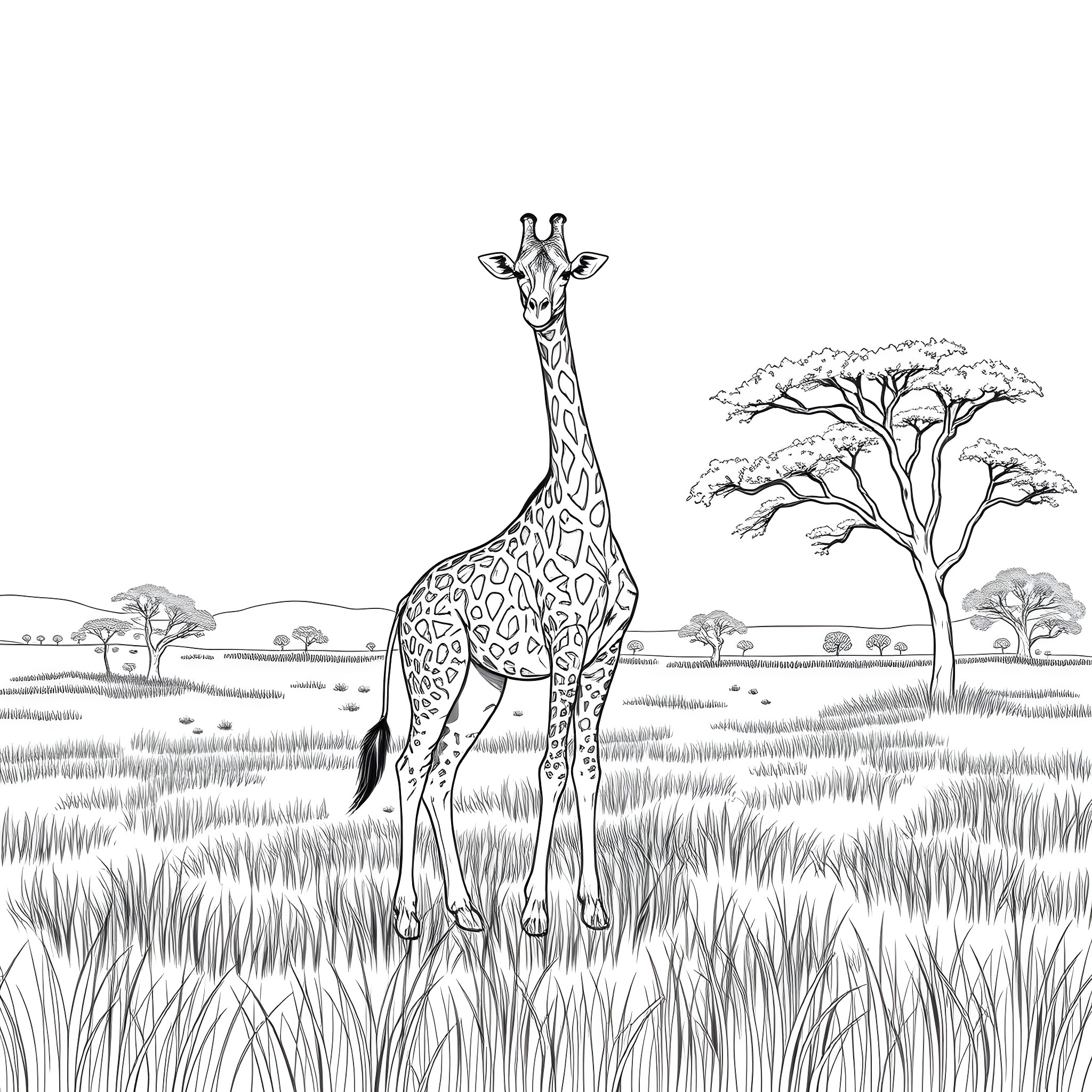 Giraffe standing tall in the African savanna Coloring Page (free black-and-white line drawing printable PDF for all, from beginners to advanced learners, including children, teens, adults, and seniors)