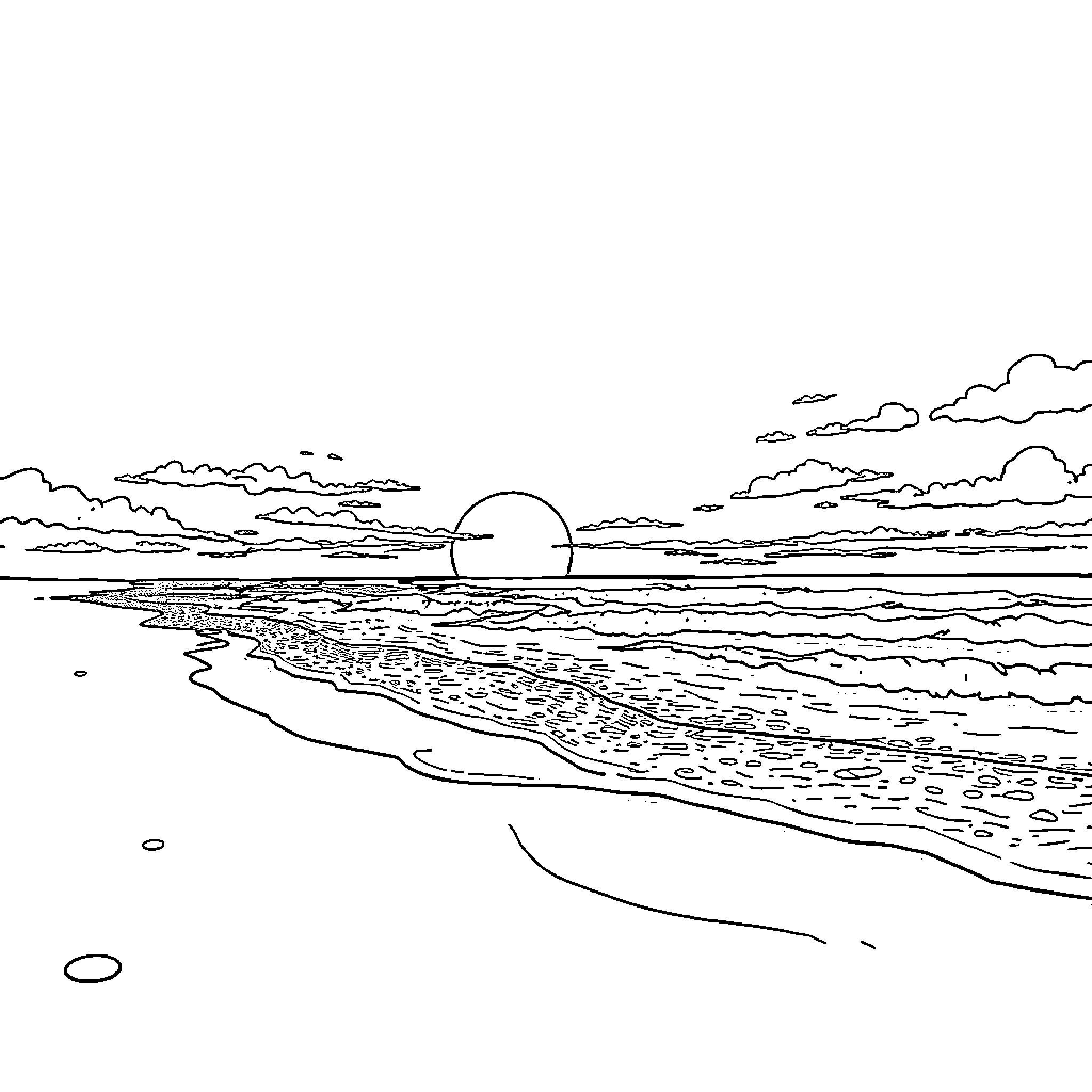 Sunset over the serene ocean landscape Coloring Page (free black-and-white line drawing printable PDF for all, from beginners to advanced learners, including children, teens, adults, and seniors)