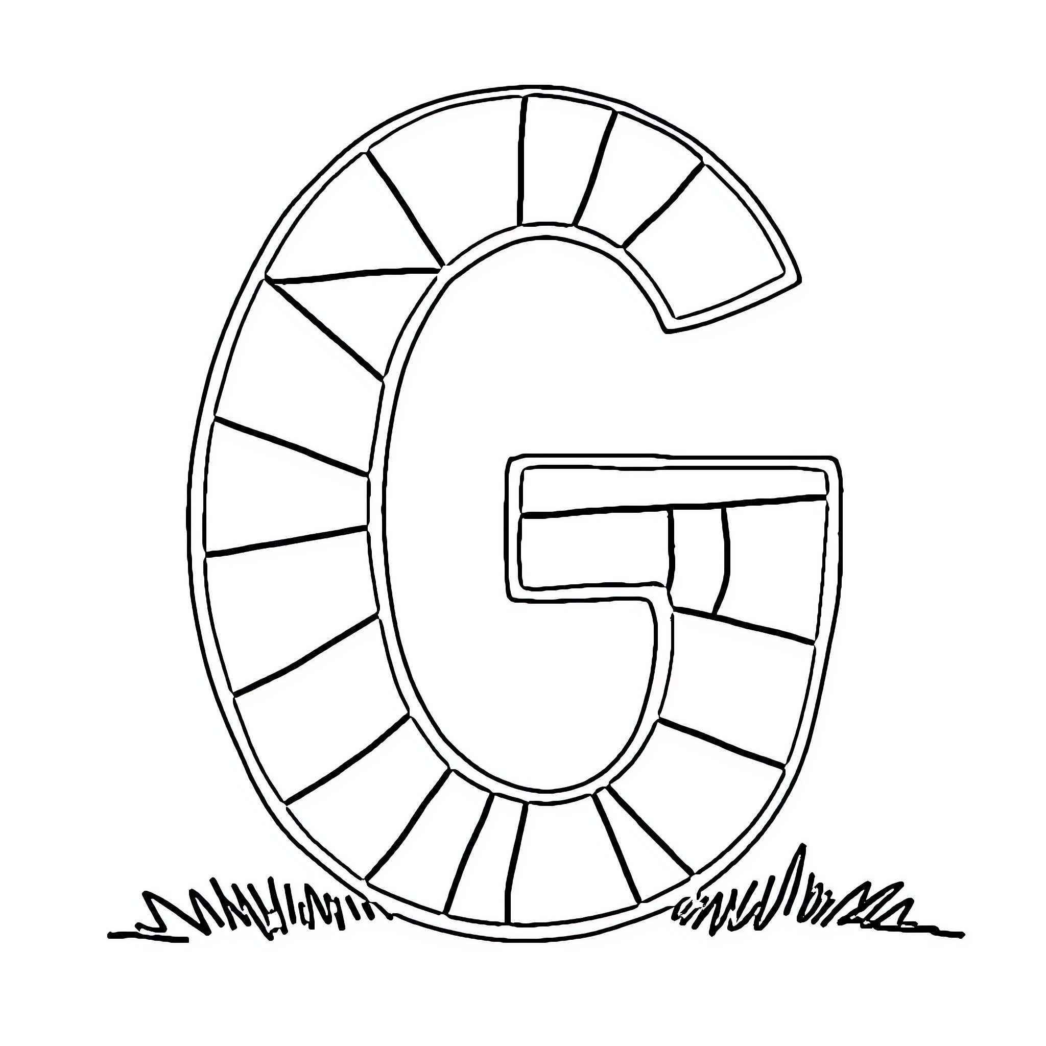 Letter G with abstract shapes and lines Coloring Page (free black-and-white line drawing printable PDF for all, from beginners to advanced learners, including children, teens, adults, and seniors)