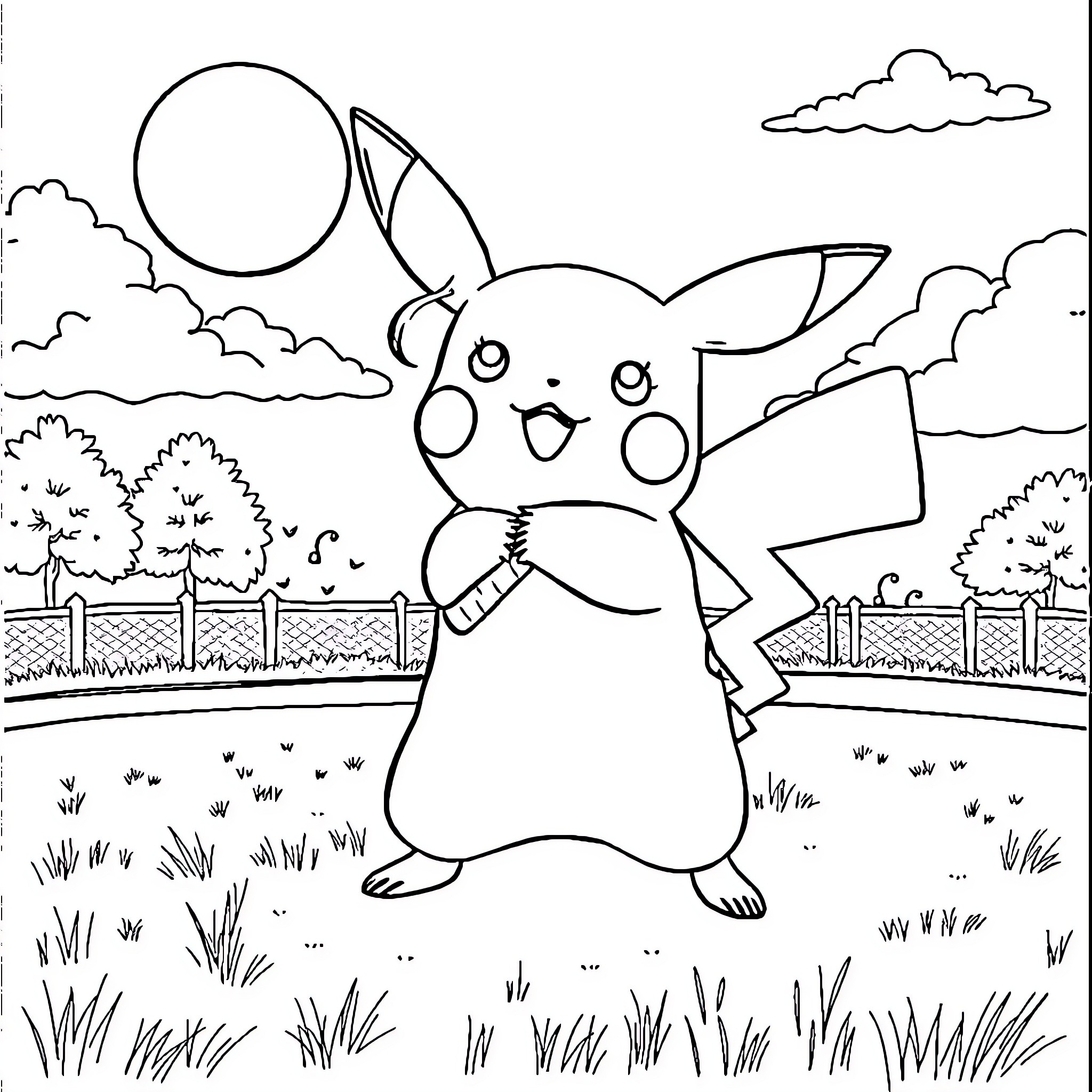 Pikachu playing cheerfully in a scenic outdoor setting Coloring Page (free black-and-white line drawing printable PDF for all, from beginners to advanced learners, including children, teens, adults, and seniors)