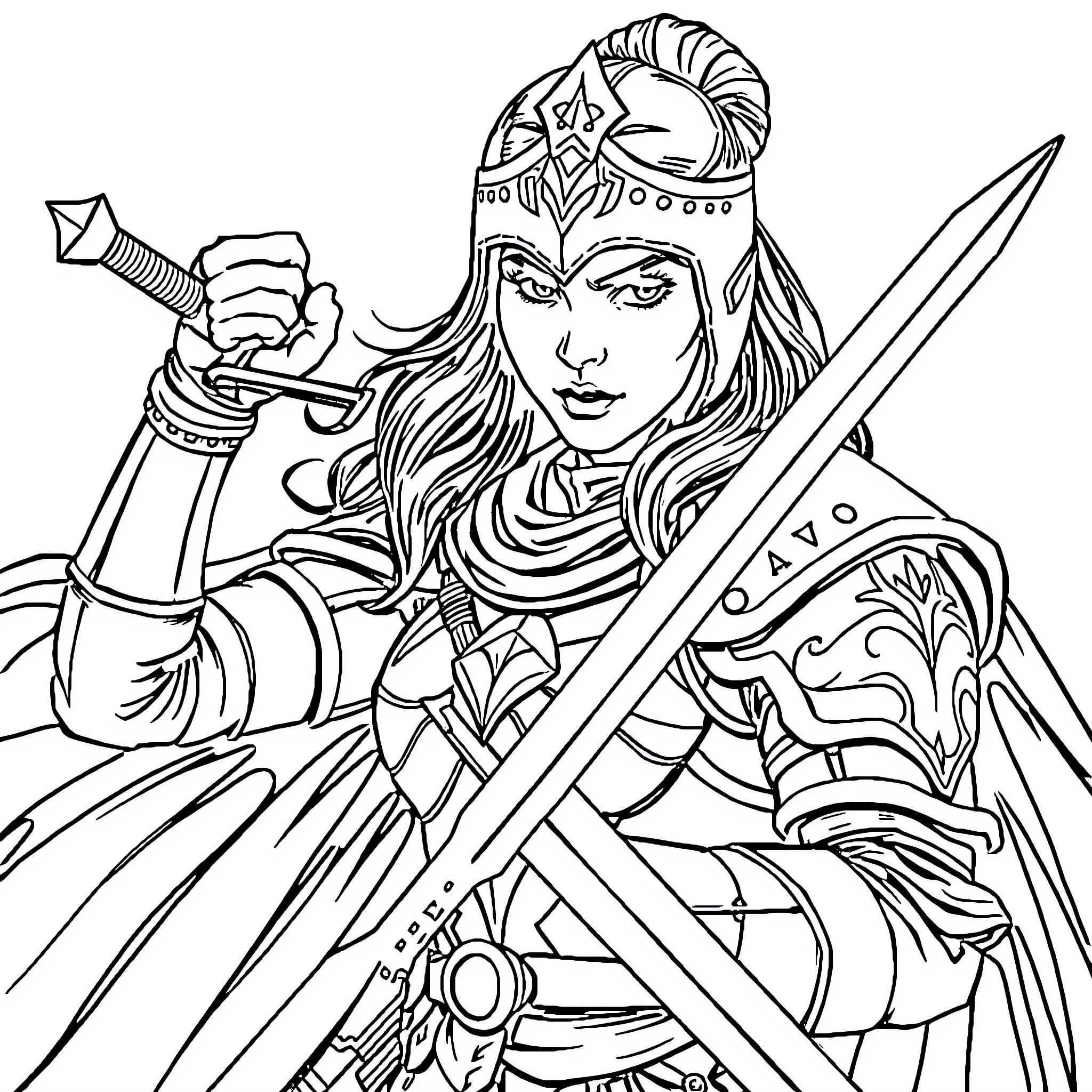 Princess Warrior with Sword and Armor Coloring Page (free black-and-white line drawing printable PDF for all, from beginners to advanced learners, including children, teens, adults, and seniors)