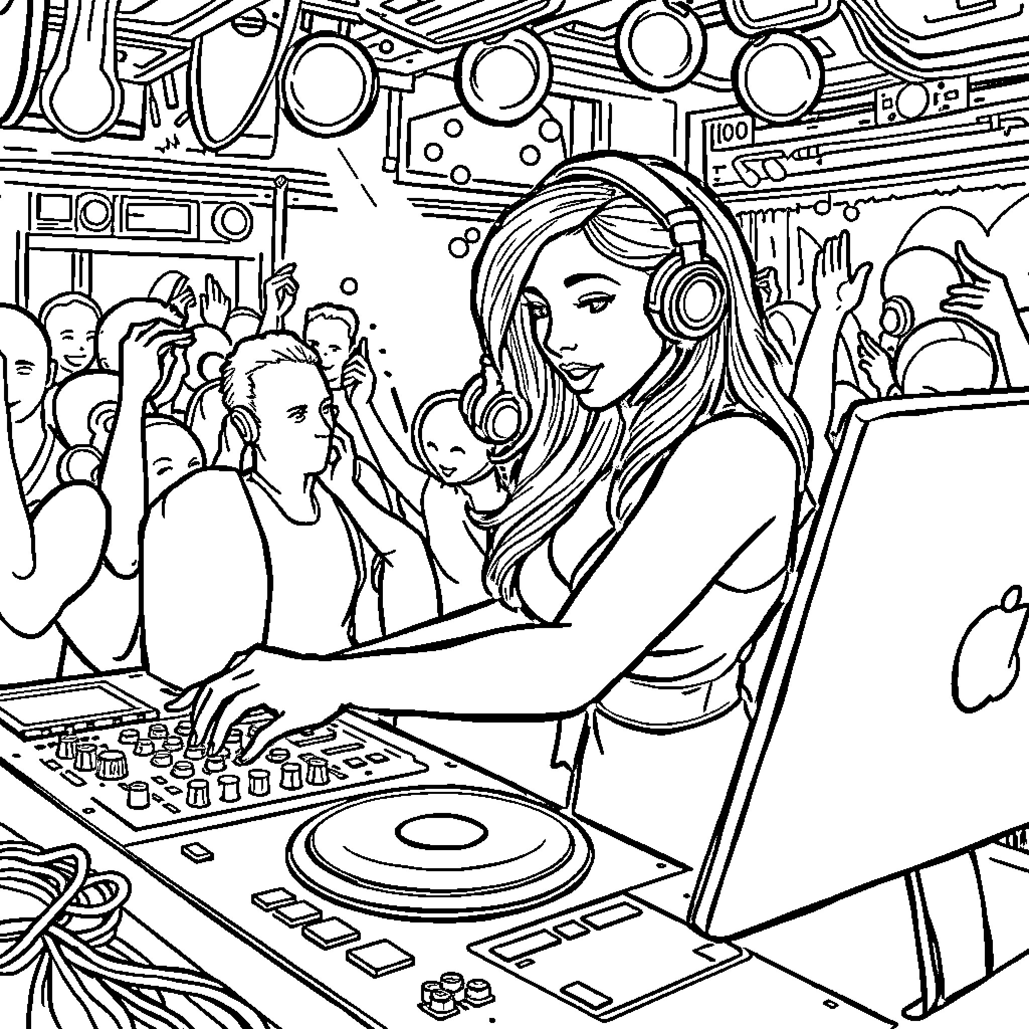 DJ Spinning Tunes for the Crowd Coloring Page (free black-and-white line drawing printable PDF for all, from beginners to advanced learners, including children, teens, adults, and seniors)
