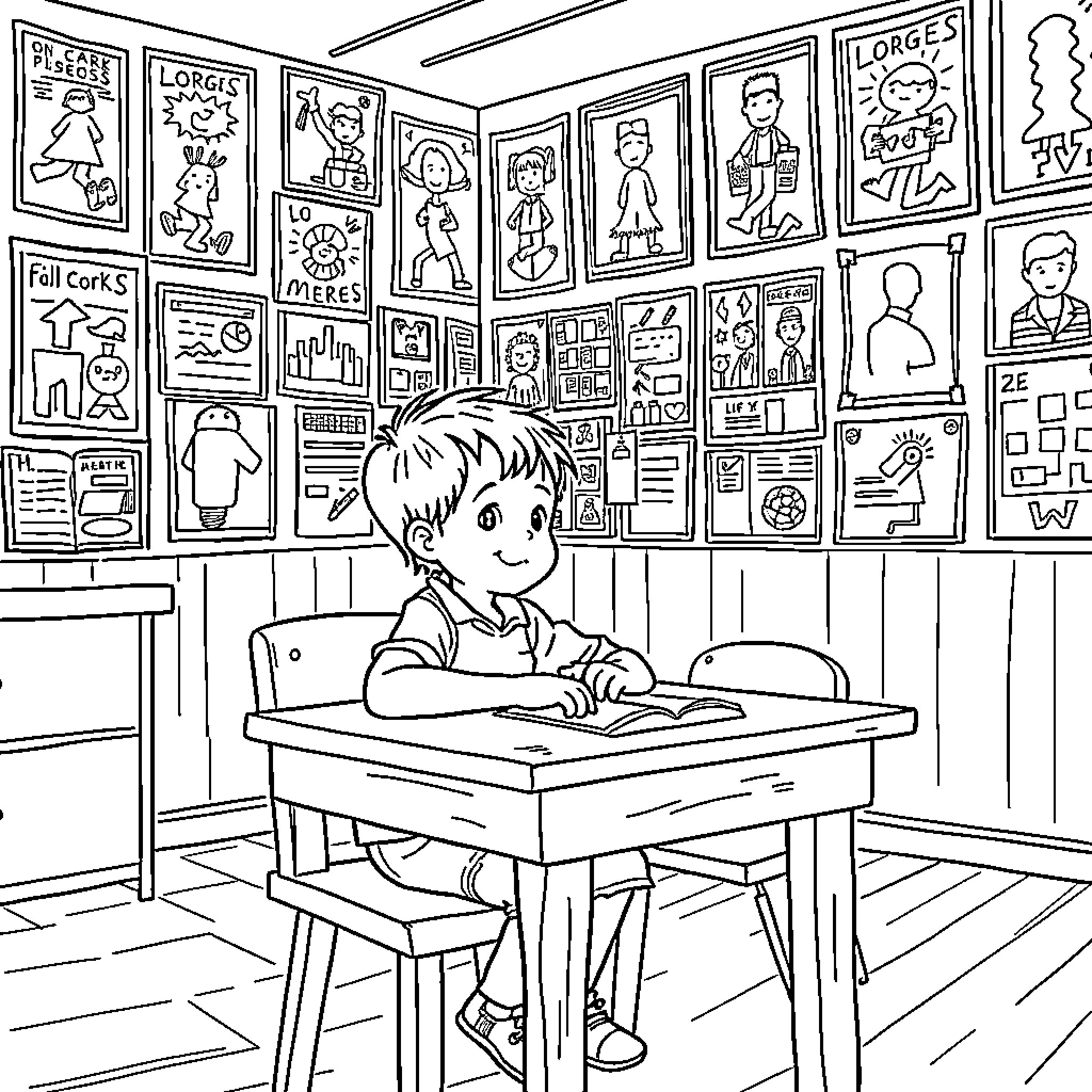 Boy studying diligently in a classroom with educational posters Coloring Page (free black-and-white line drawing printable PDF for all, from beginners to advanced learners, including children, teens, adults, and seniors)