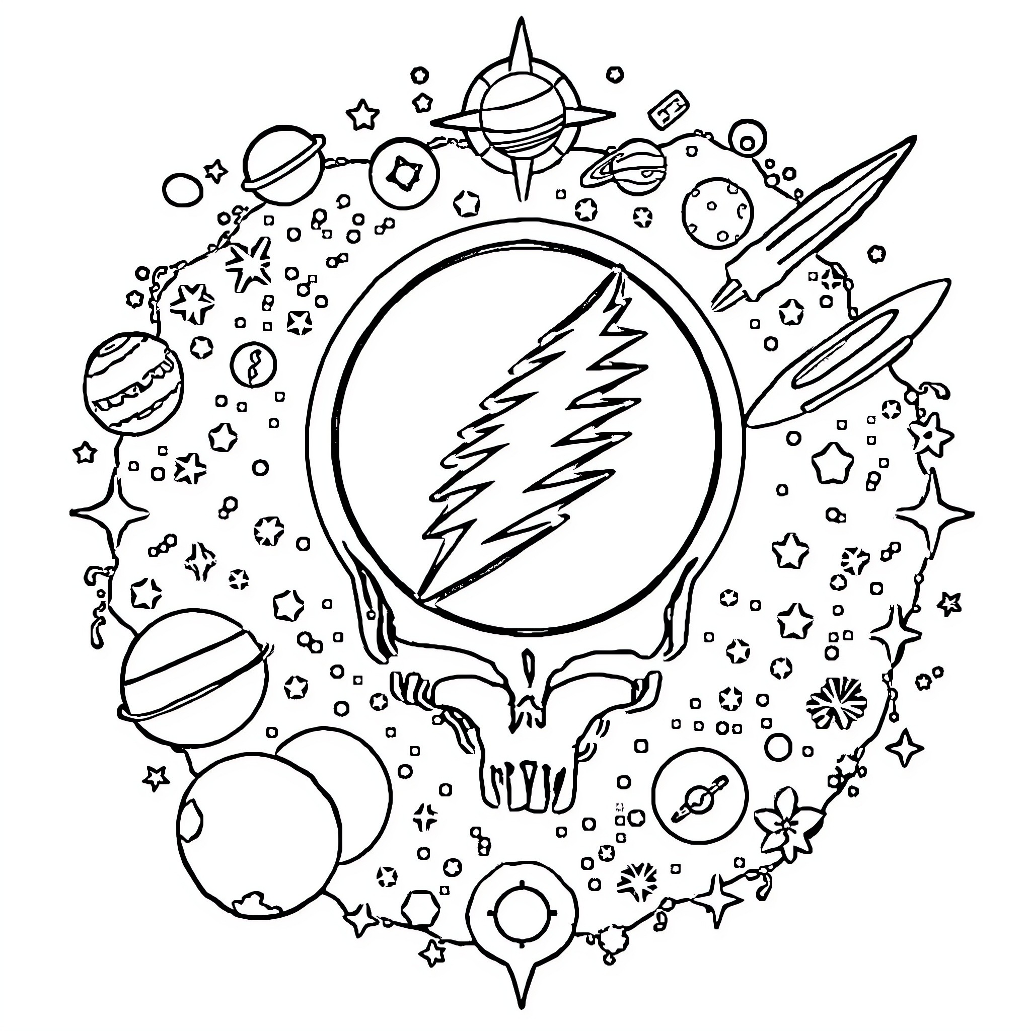 Grateful Dead cosmic psychedelic space scene Coloring Page (free black-and-white line drawing printable PDF for all, from beginners to advanced learners, including children, teens, adults, and seniors)