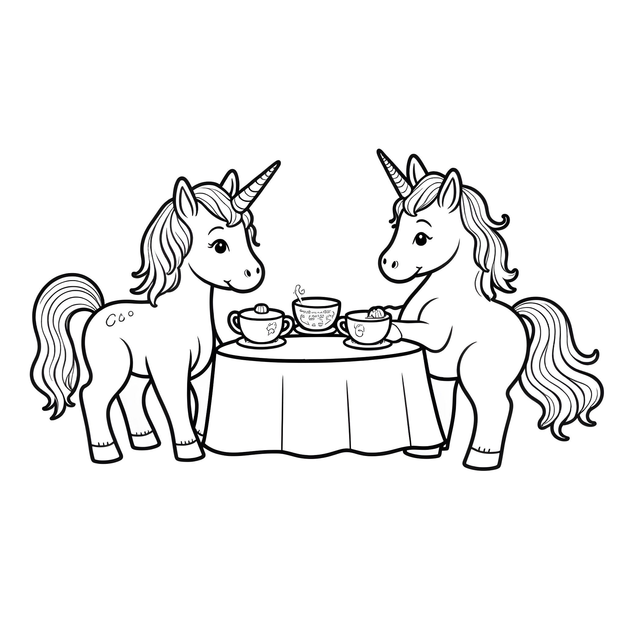 Unicorn Tea Party Coloring Page (free black-and-white line drawing printable PDF for all, from beginners to advanced learners, including children, teens, adults, and seniors)
