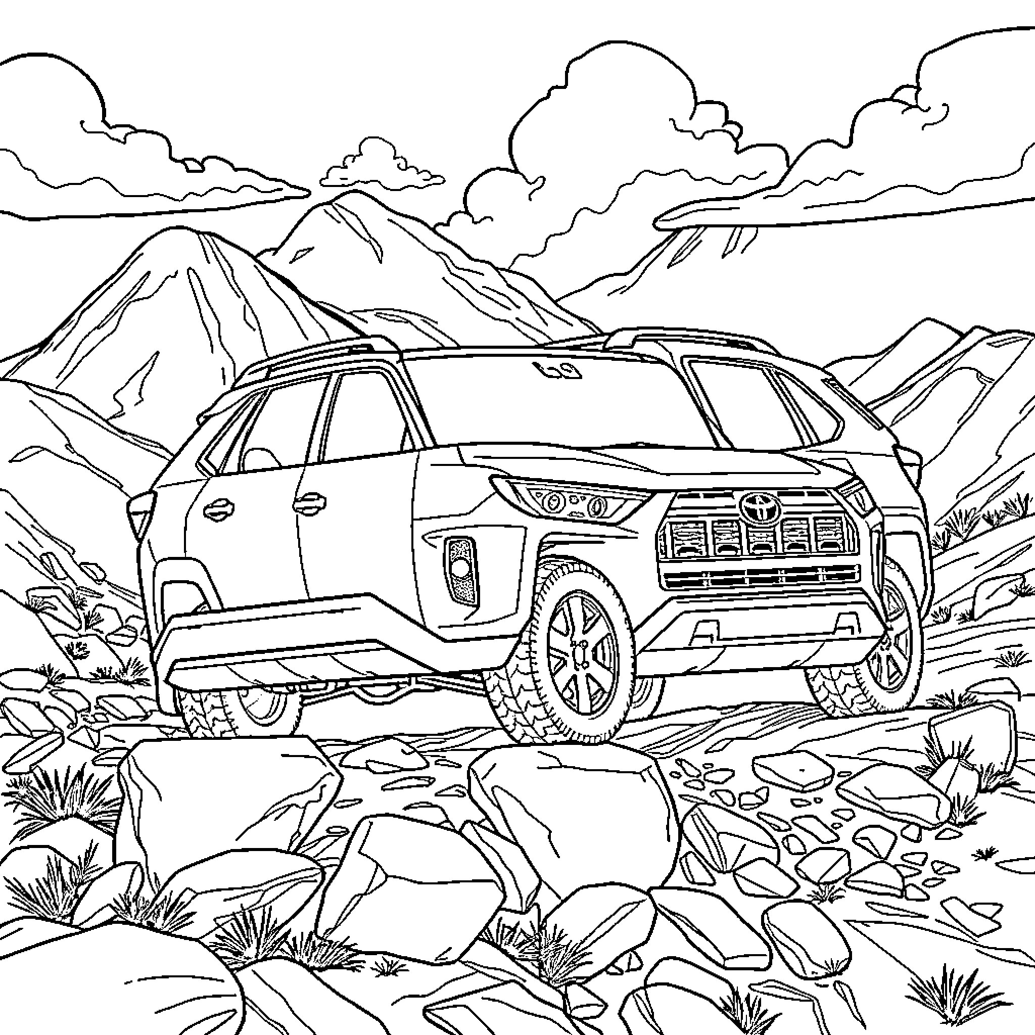 Rav4 SUV navigating rugged mountain landscape Coloring Page (free black-and-white line drawing printable PDF for all, from beginners to advanced learners, including children, teens, adults, and seniors)