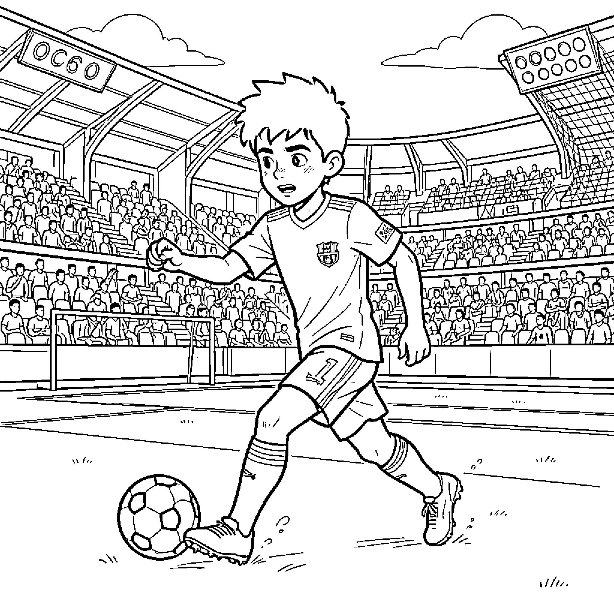 Fermin Lopez dribbling a soccer ball in a stadium Coloring Page (free black-and-white line drawing printable PDF for all, from beginners to advanced learners, including children, teens, adults, and seniors)