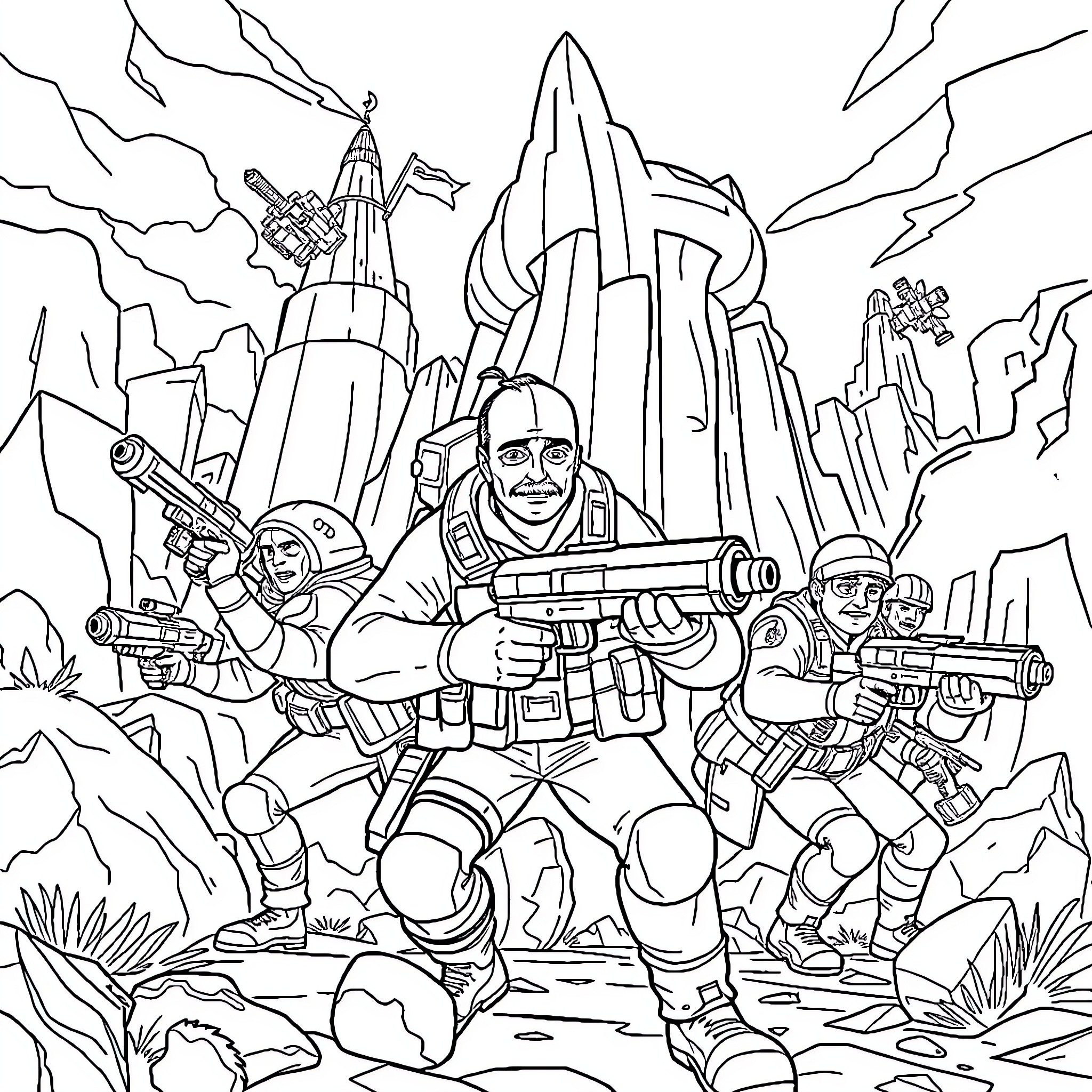 TF2 Characters in Futuristic Sci-Fi Battlescape Coloring Page (free black-and-white line drawing printable PDF for all, from beginners to advanced learners, including children, teens, adults, and seniors)