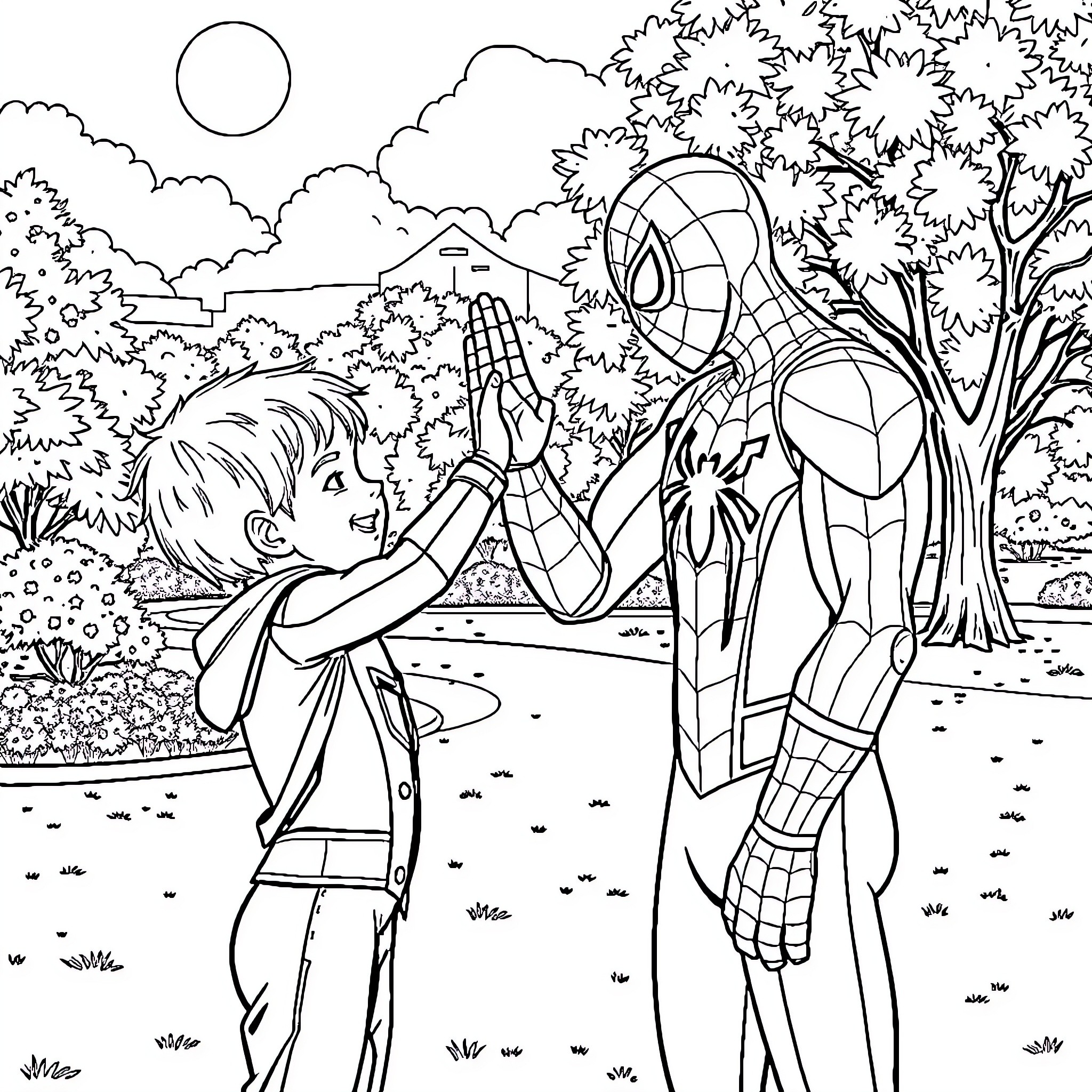 Spider-Man Helps a Young Friend in a Serene Outdoor Setting Coloring Page (free black-and-white line drawing printable PDF for all, from beginners to advanced learners, including children, teens, adults, and seniors)