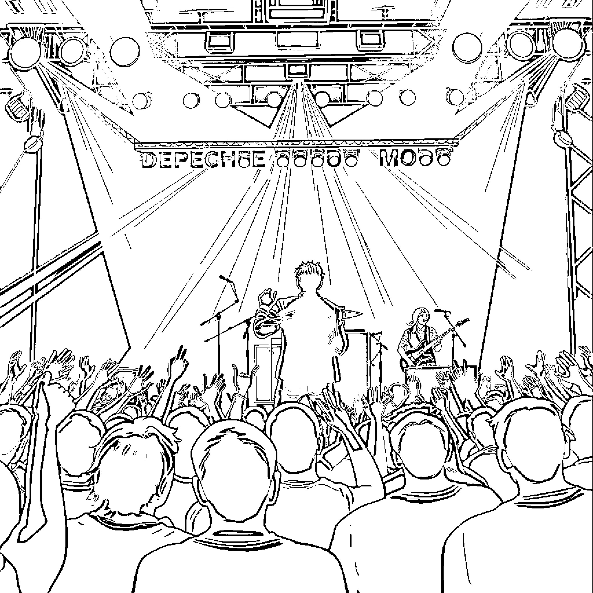 Depeche Mode Live Performance on Stage Coloring Page (free black-and-white line drawing printable PDF for all, from beginners to advanced learners, including children, teens, adults, and seniors)