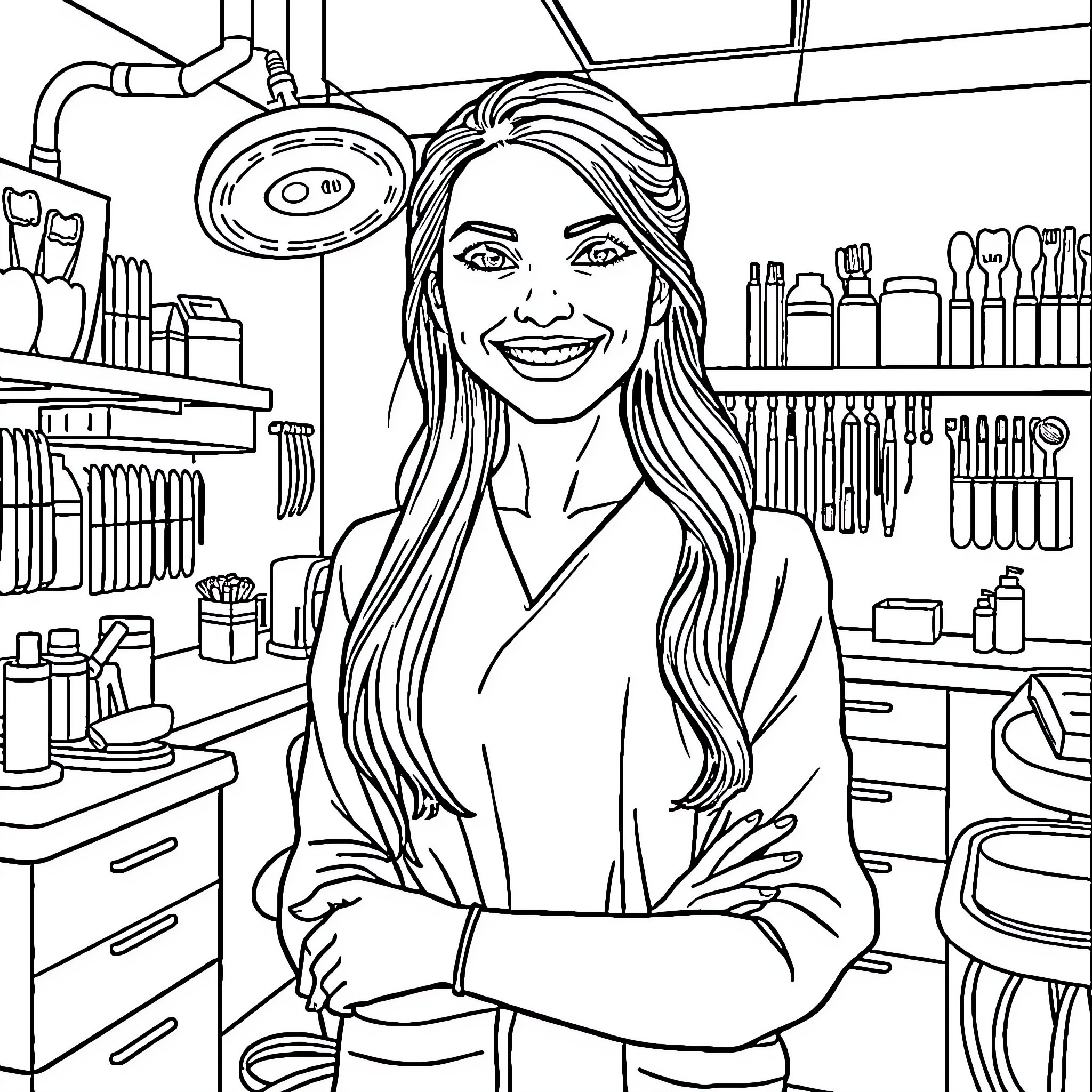 Woman in a dental clinic smiling Coloring Page (free black-and-white line drawing printable PDF for all, from beginners to advanced learners, including children, teens, adults, and seniors)