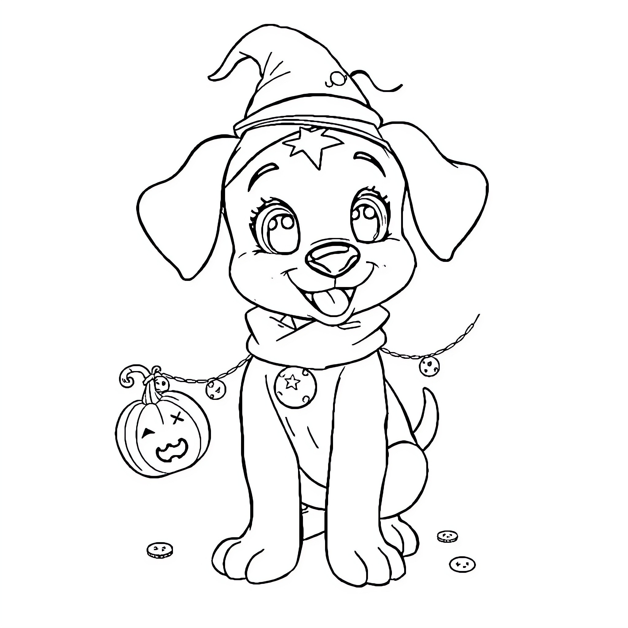Bluey wearing Halloween costume with pumpkin Coloring Page (free black-and-white line drawing printable PDF for all, from beginners to advanced learners, including children, teens, adults, and seniors)