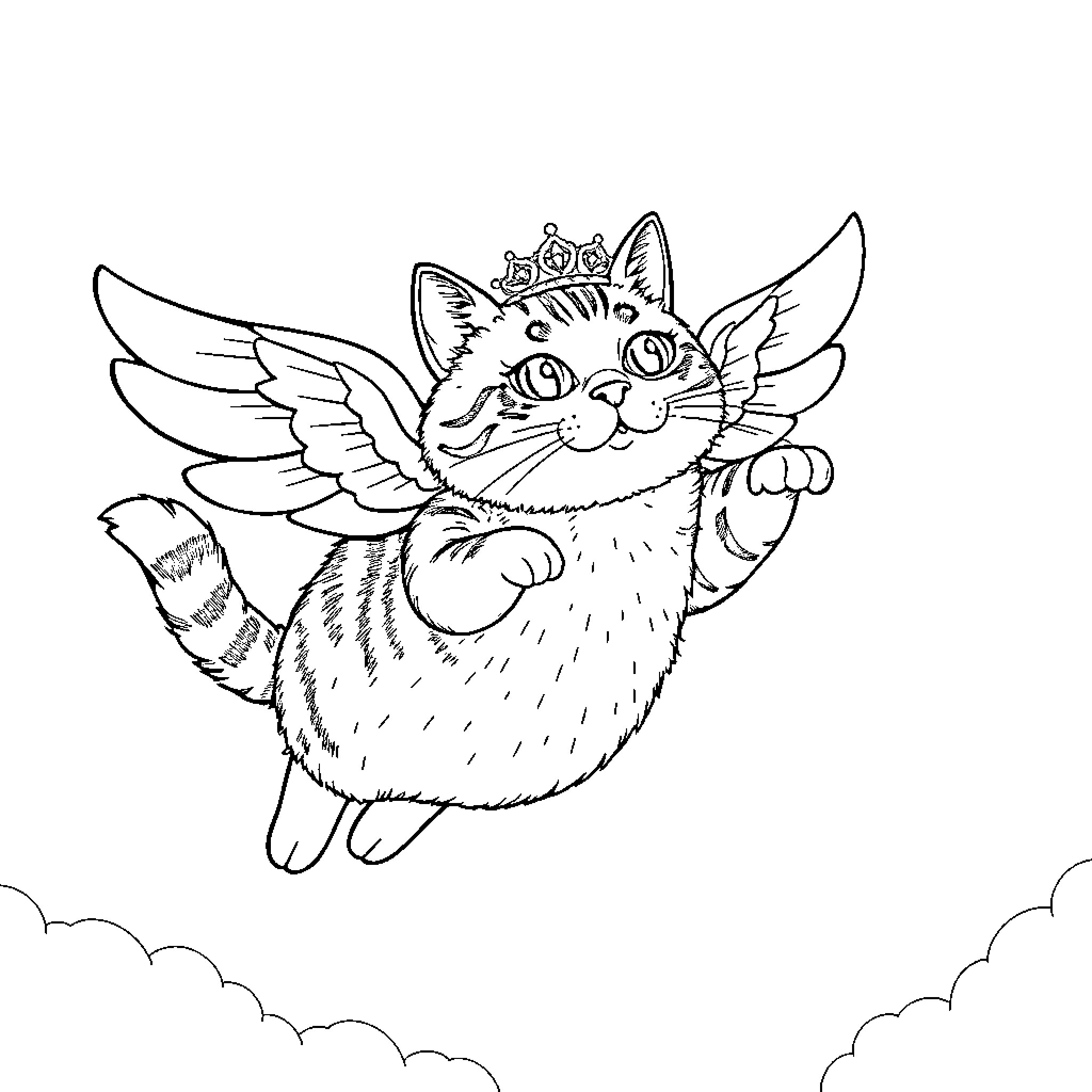 Tabby Cat with Wings and Crown Flying in Sky Coloring Page (free black-and-white line drawing printable PDF for all, from beginners to advanced learners, including children, teens, adults, and seniors)