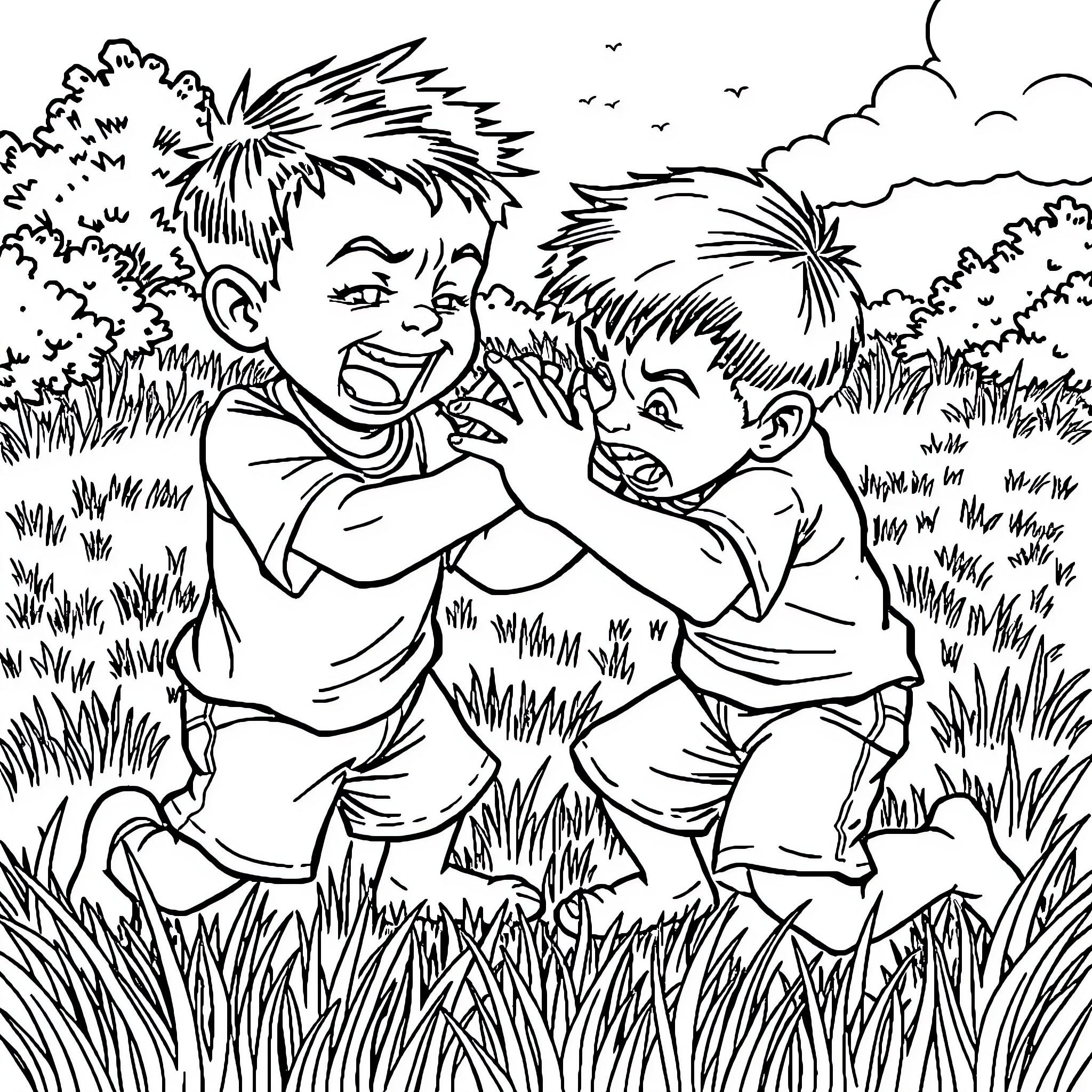 Boys wrestling playfully in the grass Coloring Page (free black-and-white line drawing printable PDF for all, from beginners to advanced learners, including children, teens, adults, and seniors)