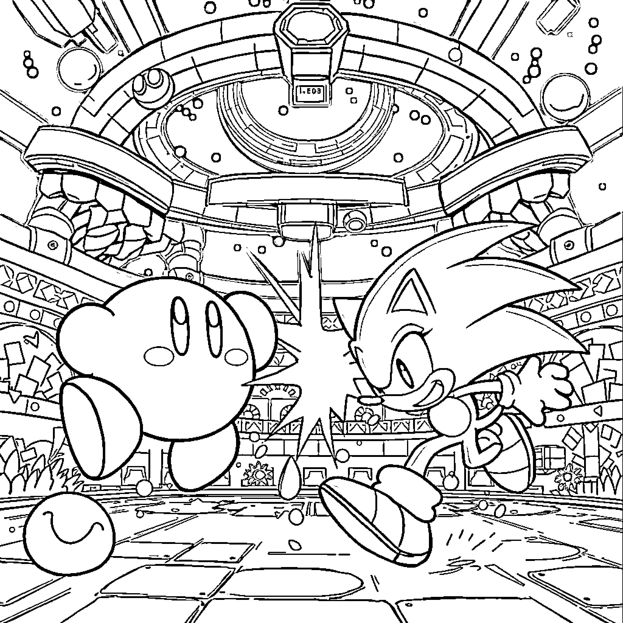 Kirby and friends in a futuristic sci-fi setting Coloring Page (free black-and-white line drawing printable PDF for all, from beginners to advanced learners, including children, teens, adults, and seniors)