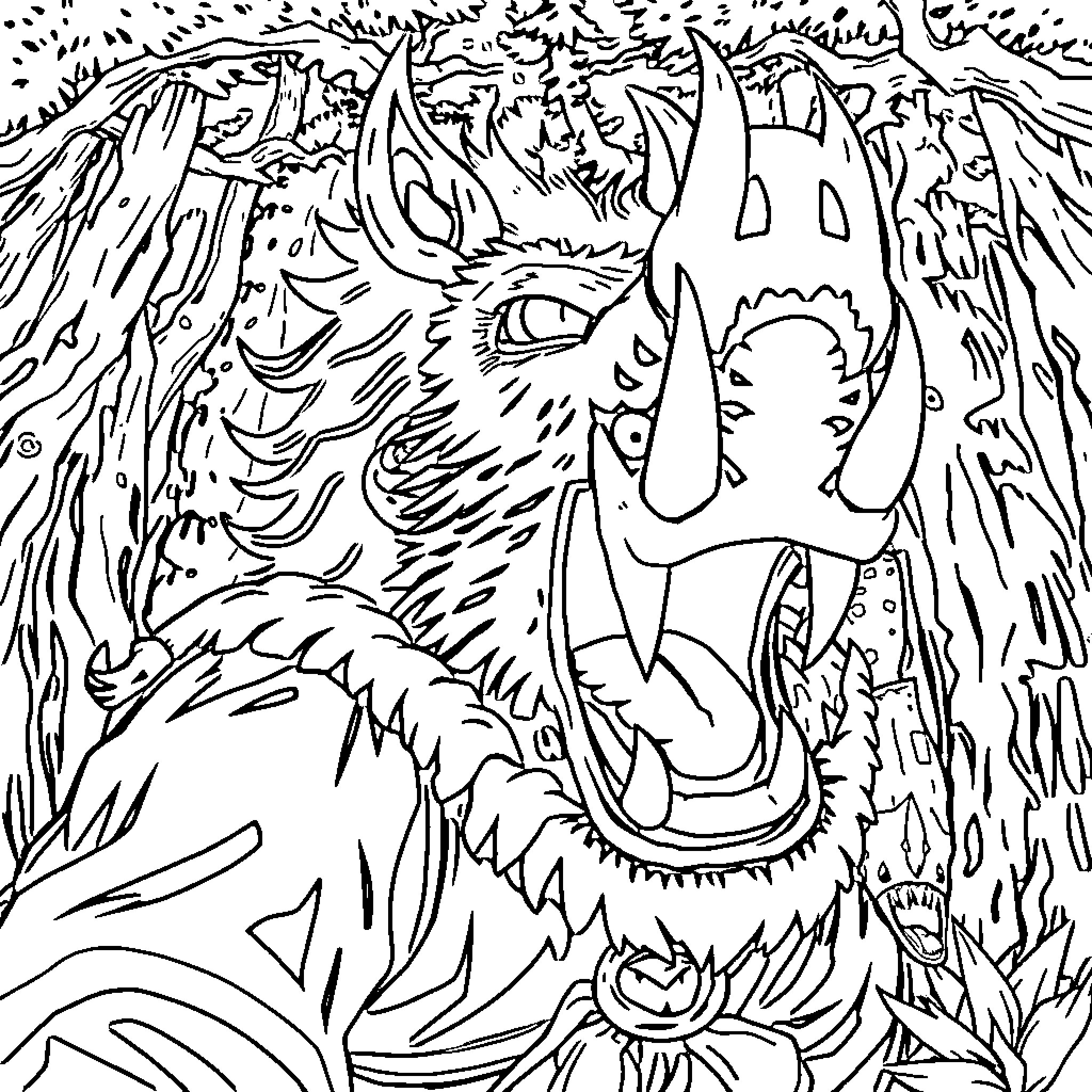 Inosuke's Fierce Encounter in the Wilderness Coloring Page (free black-and-white line drawing printable PDF for all, from beginners to advanced learners, including children, teens, adults, and seniors)