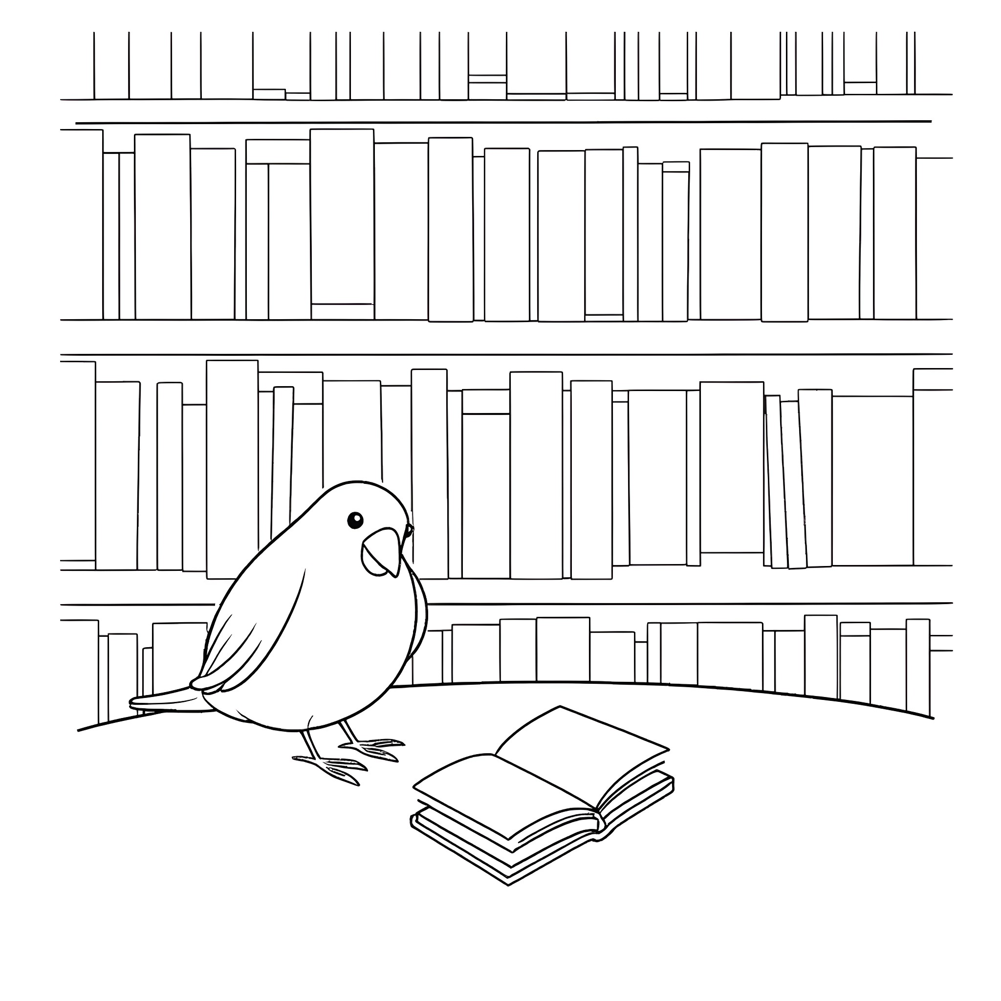 Bird on bookshelf with open book Coloring Page (free black-and-white line drawing printable PDF for all, from beginners to advanced learners, including children, teens, adults, and seniors)