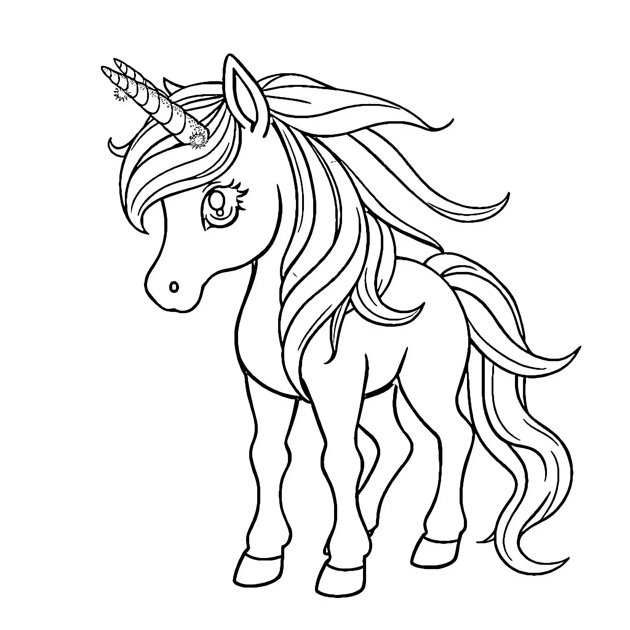 Unicorn with flowing mane and graceful stance Coloring Page (free black-and-white line drawing printable PDF for all, from beginners to advanced learners, including children, teens, adults, and seniors)