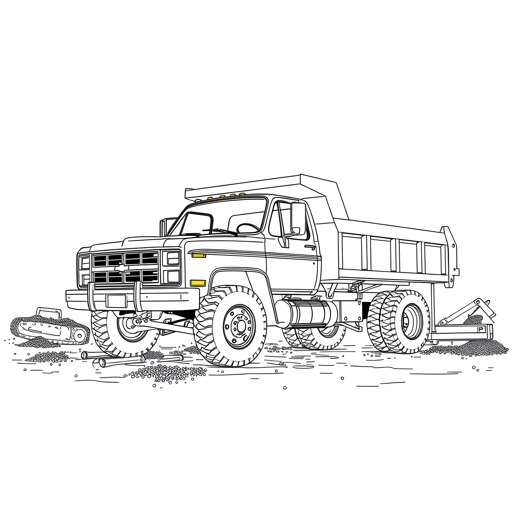 Chevy Dump Truck with Off-Road Tires in Muddy Field Coloring Page (free black-and-white line drawing printable PDF for all, from beginners to advanced learners, including children, teens, adults, and seniors)