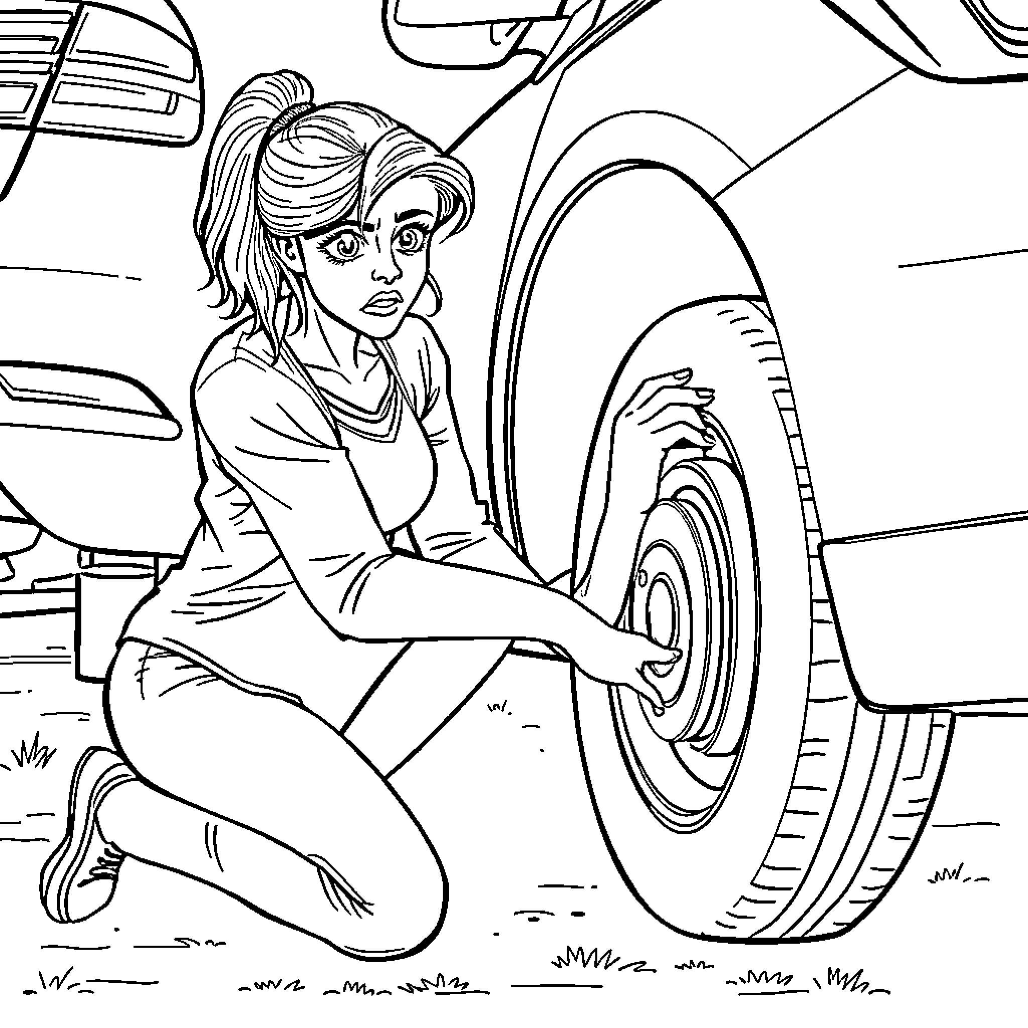 Woman examining car tire issue Coloring Page (free black-and-white line drawing printable PDF for all, from beginners to advanced learners, including children, teens, adults, and seniors)