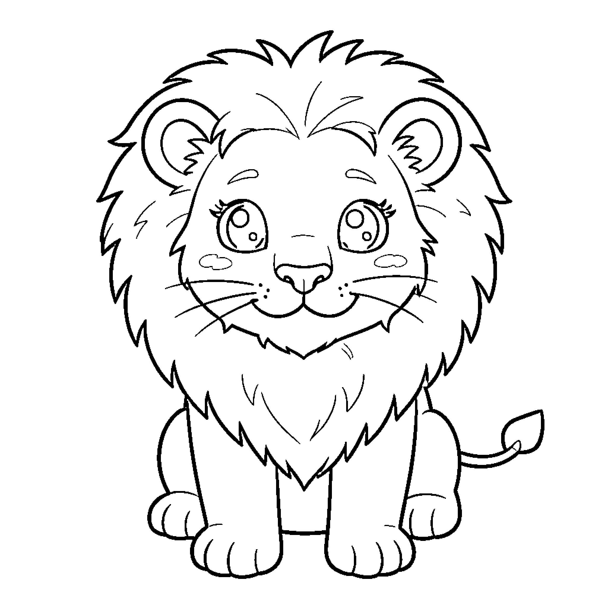 Lion cub with large eyes and fluffy mane Coloring Page (free black-and-white line drawing printable PDF for all, from beginners to advanced learners, including children, teens, adults, and seniors)