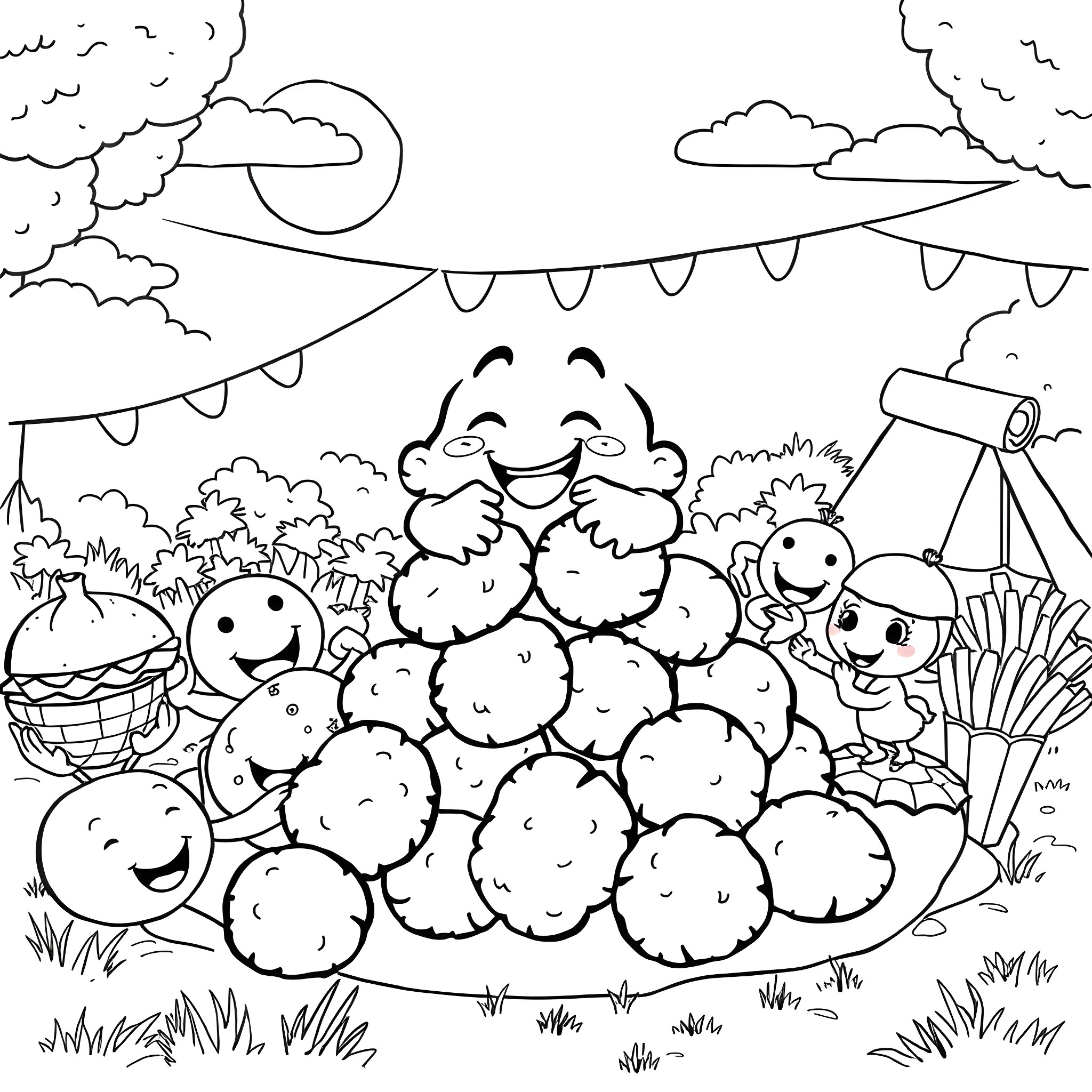 Nugget Feast in the Countryside Coloring Page (free black-and-white line drawing printable PDF for all, from beginners to advanced learners, including children, teens, adults, and seniors)