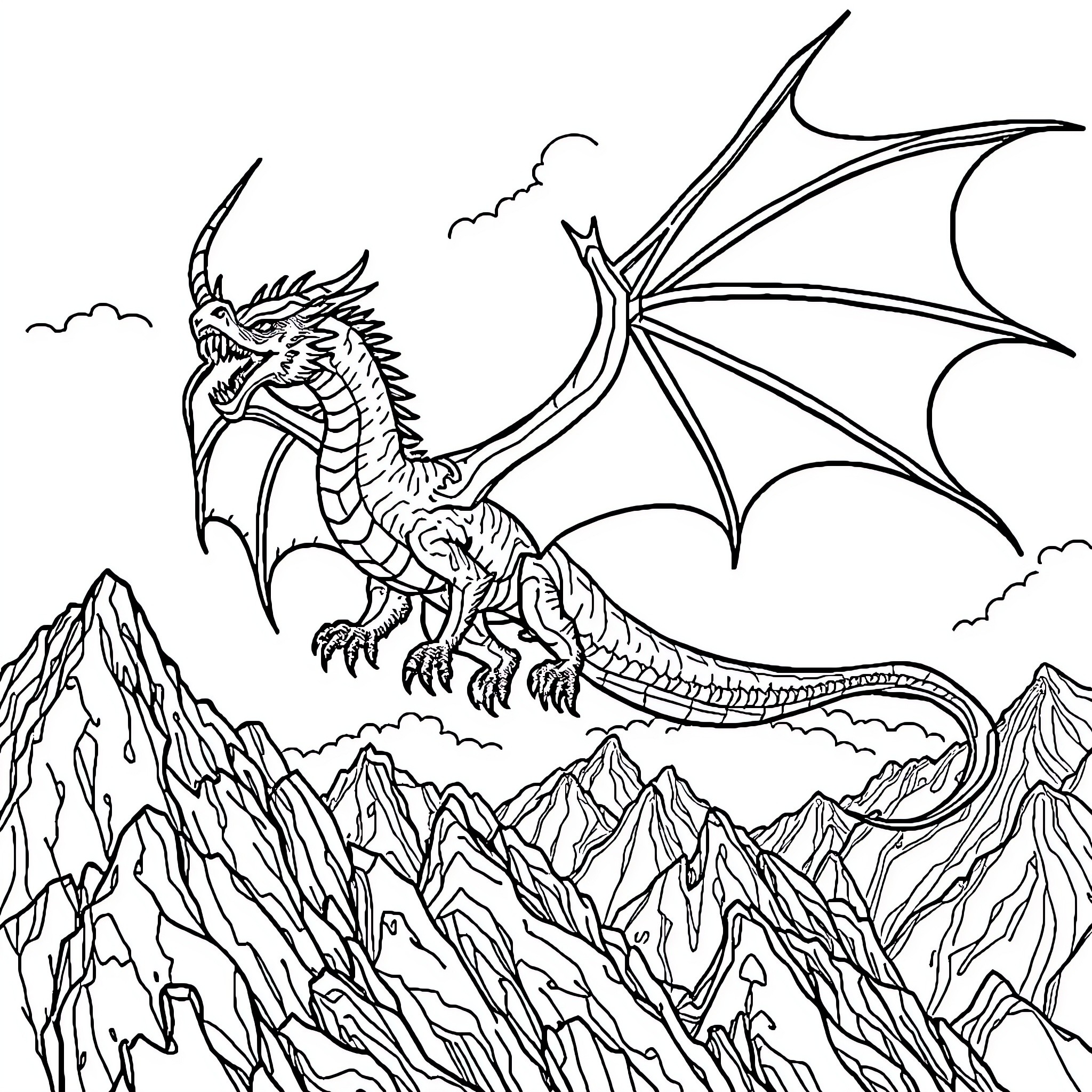 Dragon soaring above the majestic mountains Coloring Page (free black-and-white line drawing printable PDF for all, from beginners to advanced learners, including children, teens, adults, and seniors)