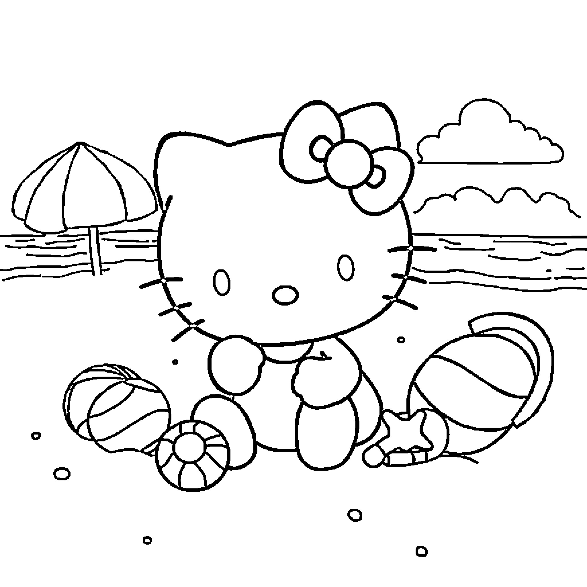 Hello Kitty enjoying a beach day with toys Coloring Page (free black-and-white line drawing printable PDF for all, from beginners to advanced learners, including children, teens, adults, and seniors)