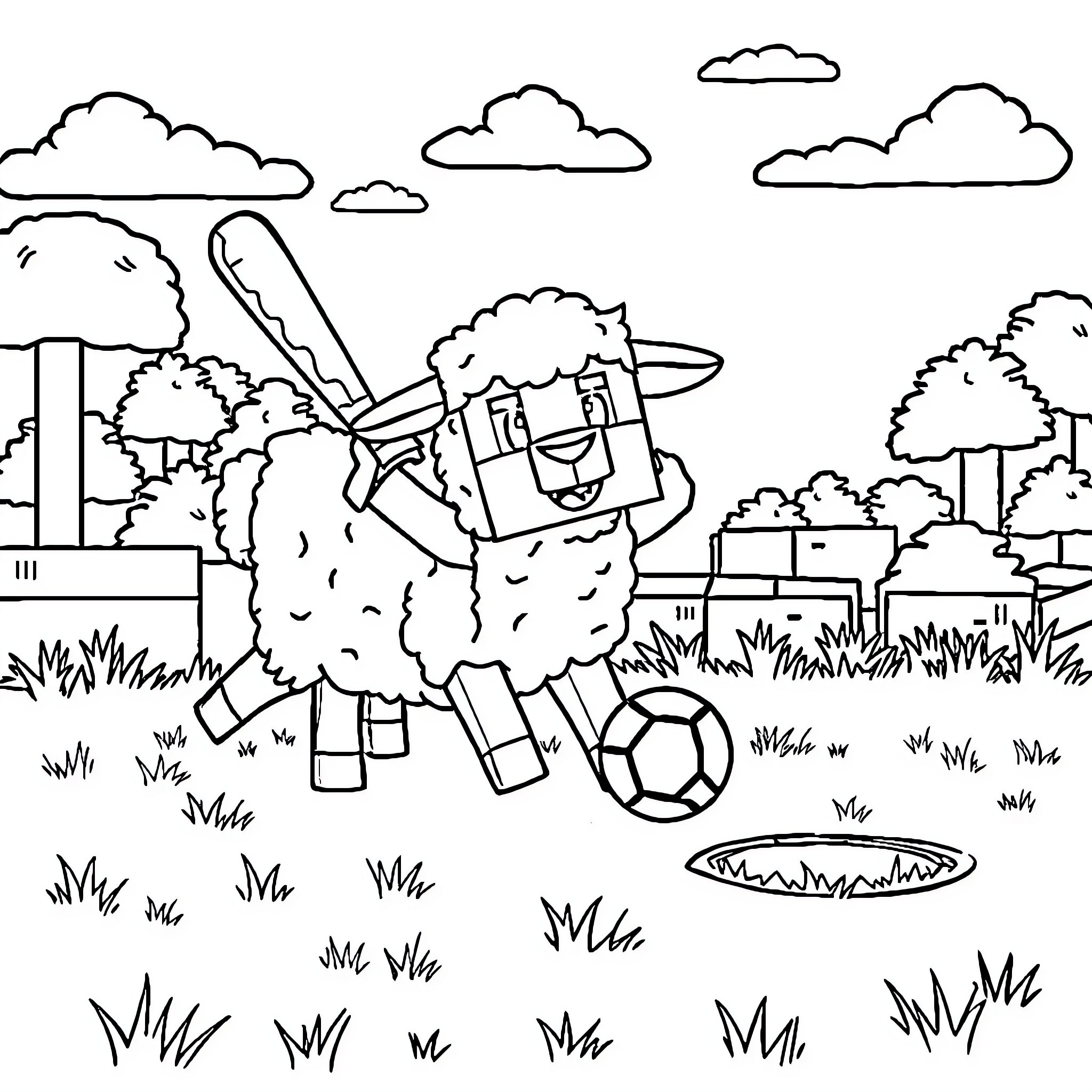 Sheep playing with soccer ball in the meadow Coloring Page (free black-and-white line drawing printable PDF for all, from beginners to advanced learners, including children, teens, adults, and seniors)