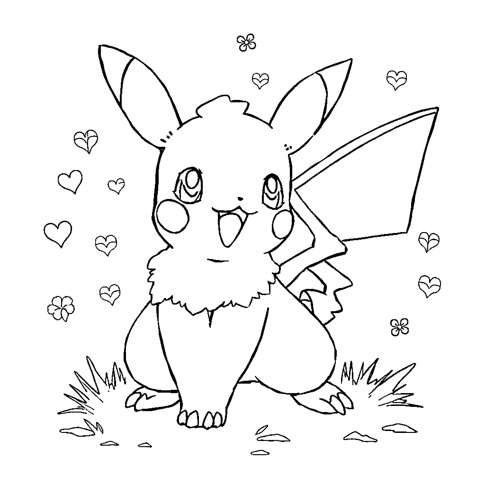 Pokémon character happily surrounded by hearts and flowers Coloring Page (free black-and-white line drawing printable PDF for all, from beginners to advanced learners, including children, teens, adults, and seniors)