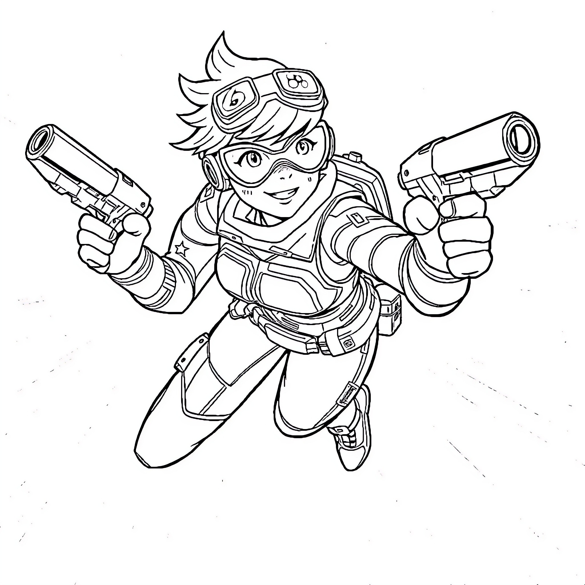 Tracer in action with dual pistols Coloring Page (free black-and-white line drawing printable PDF for all, from beginners to advanced learners, including children, teens, adults, and seniors)