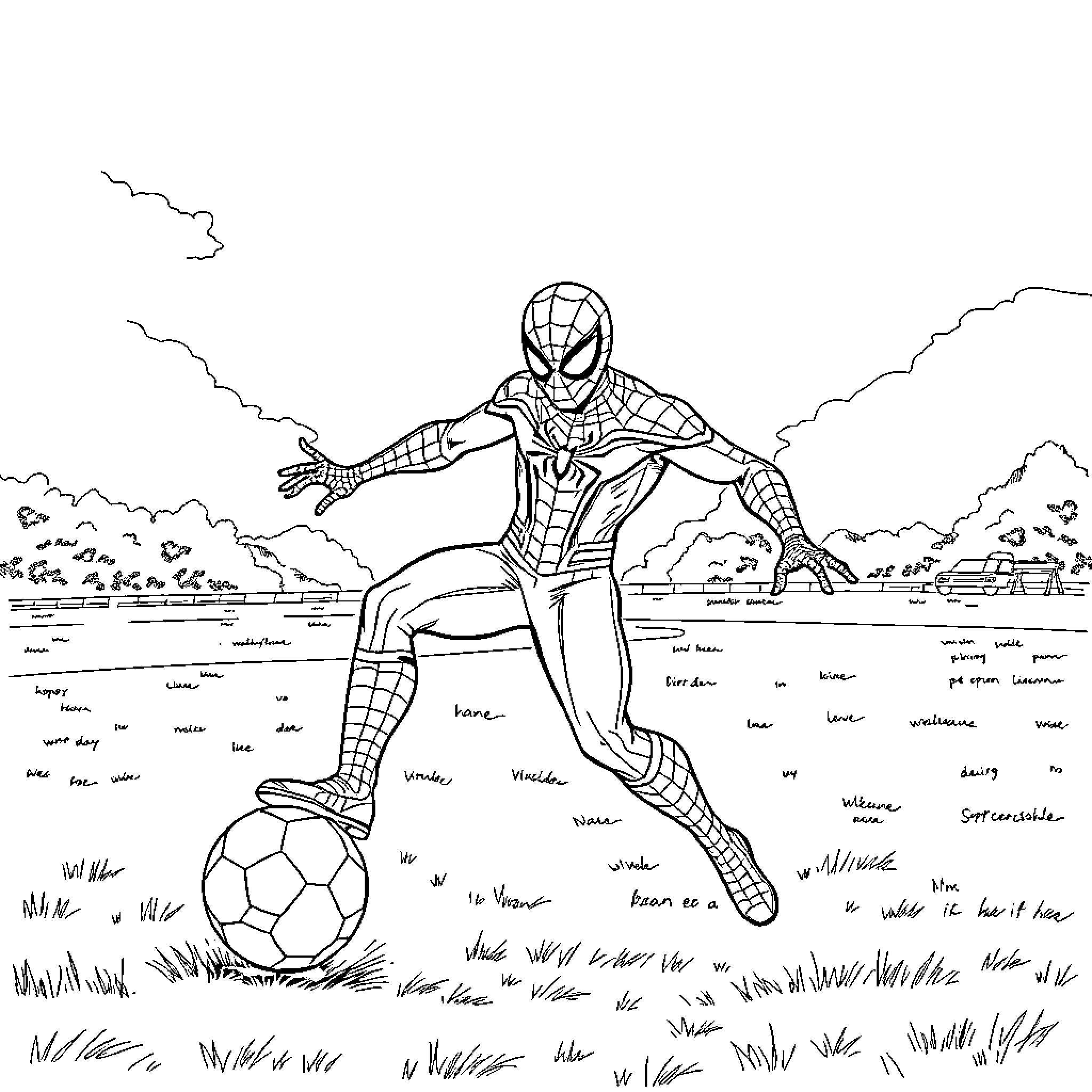 Spiderman playing soccer in a scenic landscape Coloring Page (free black-and-white line drawing printable PDF for all, from beginners to advanced learners, including children, teens, adults, and seniors)