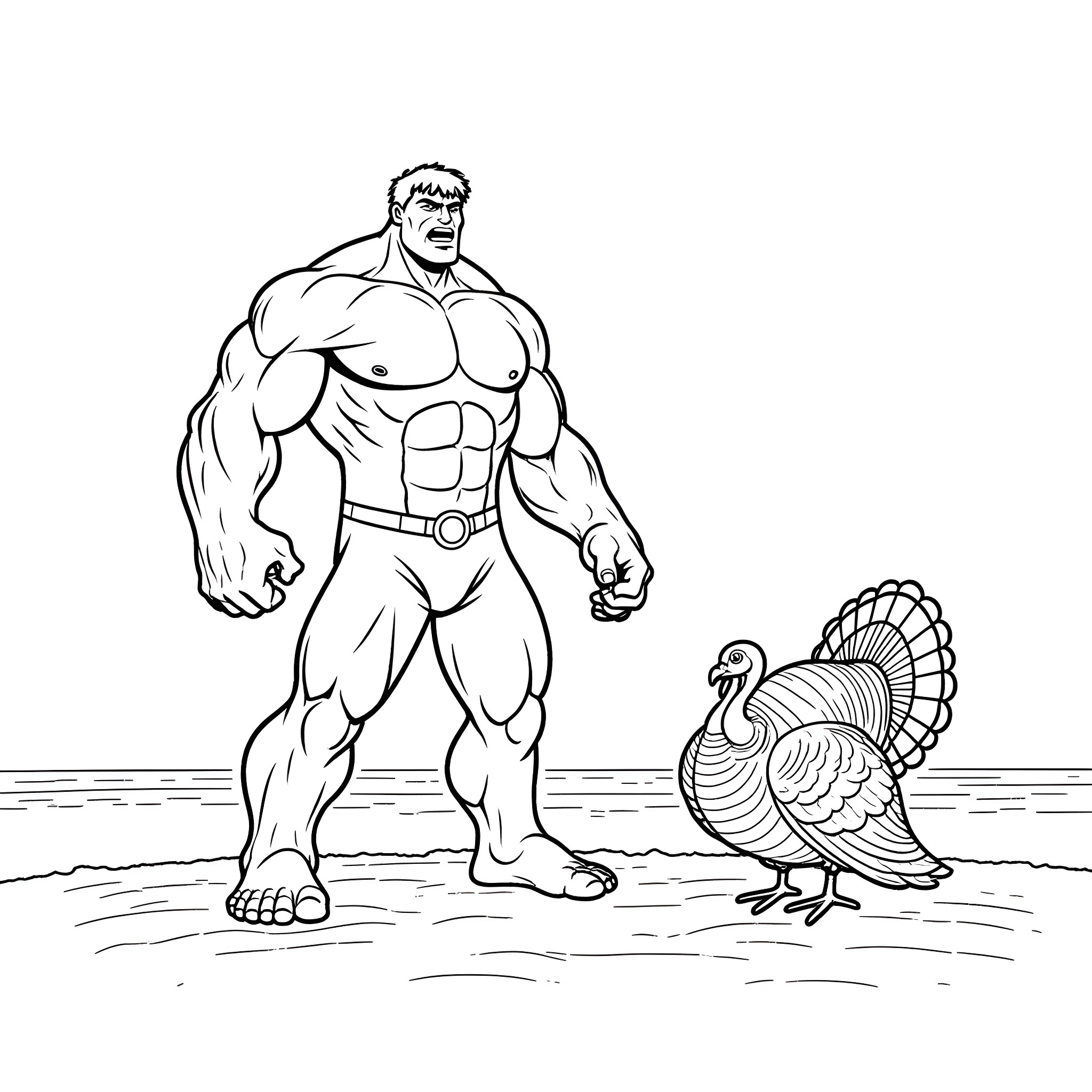 Hulk's Thanksgiving Encounter with a Turkey Coloring Page (free black-and-white line drawing printable PDF for all, from beginners to advanced learners, including children, teens, adults, and seniors)