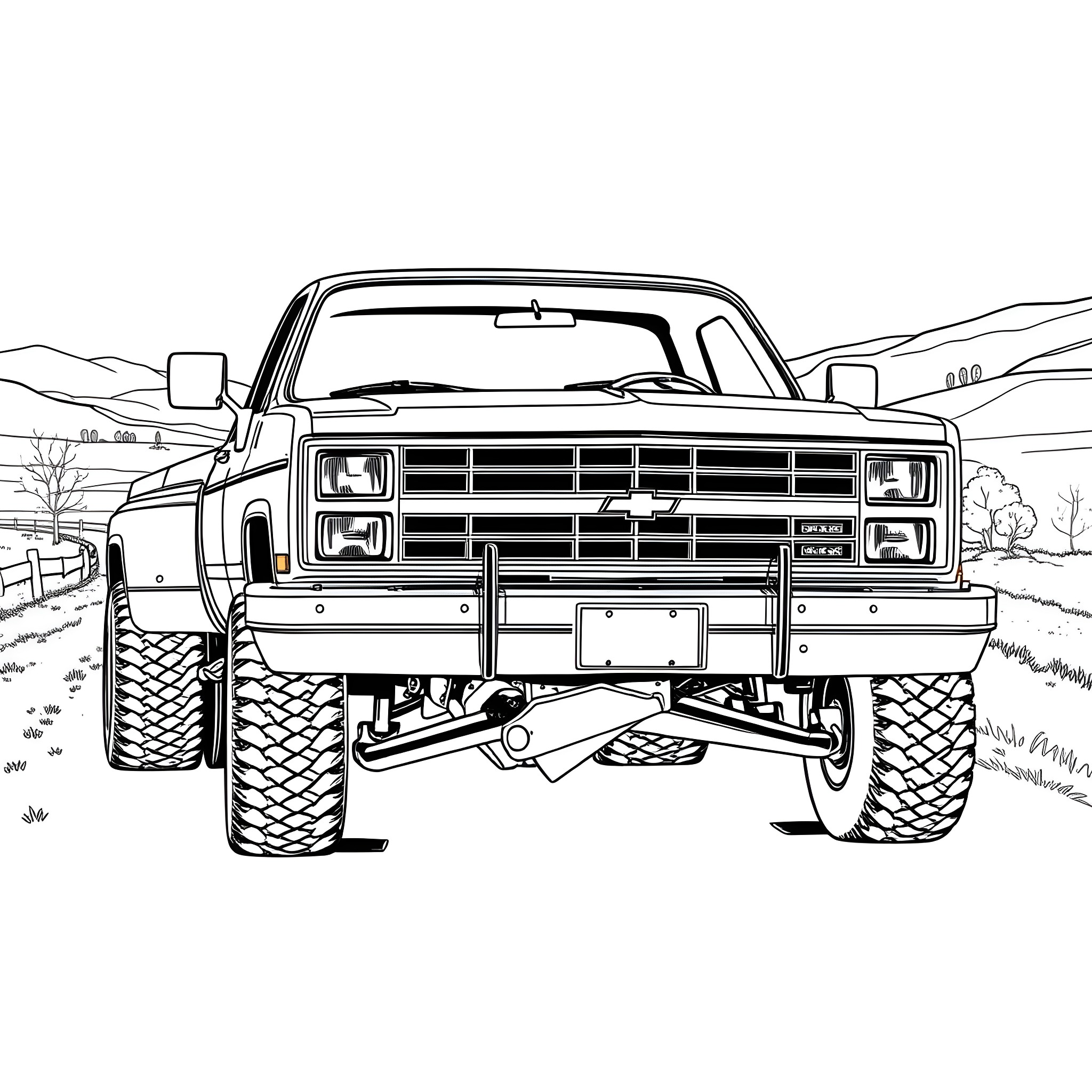 Chevy truck off-roading through rugged terrain Coloring Page (free black-and-white line drawing printable PDF for all, from beginners to advanced learners, including children, teens, adults, and seniors)