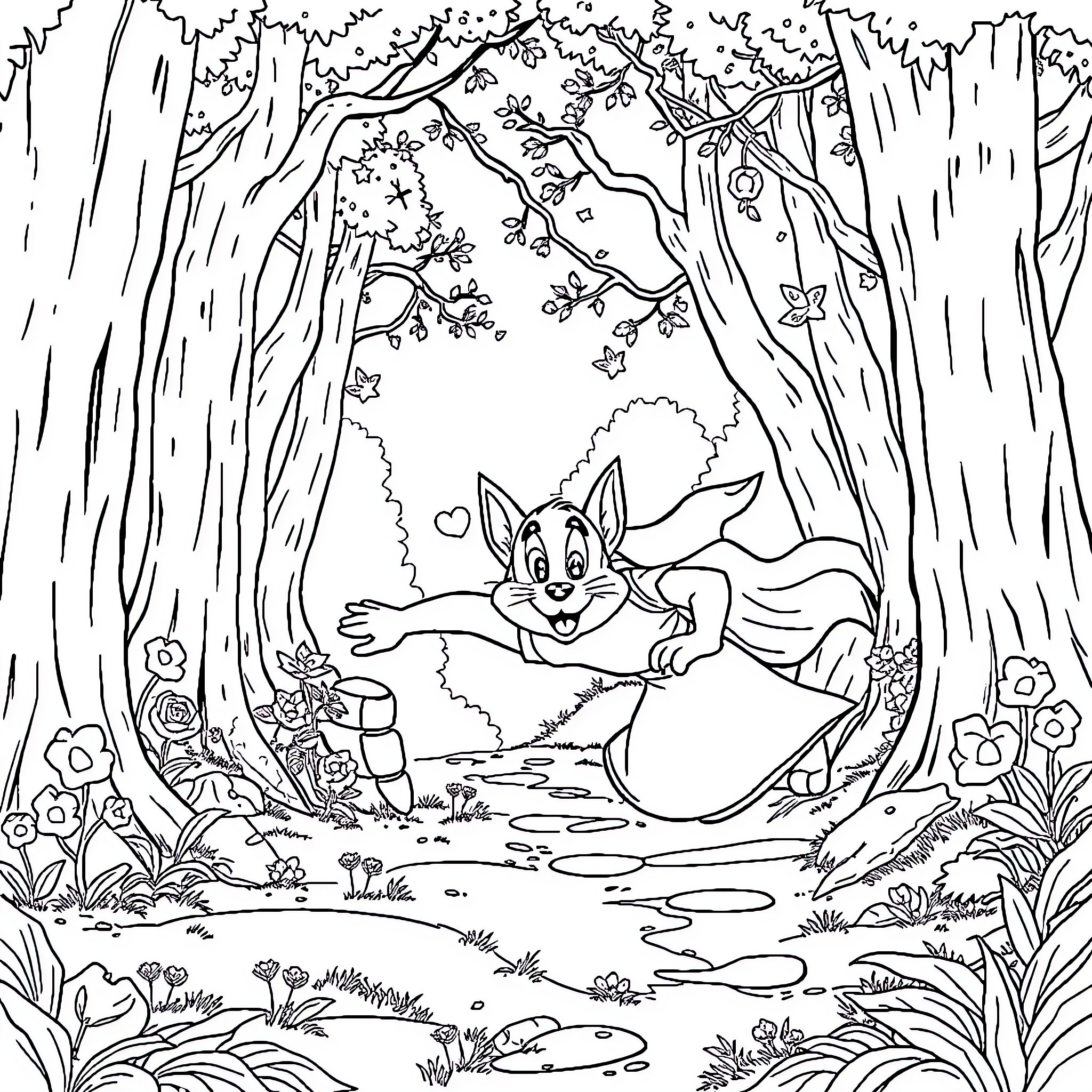 Tom's Playful Adventure in the Enchanted Forest Coloring Page (free black-and-white line drawing printable PDF for all, from beginners to advanced learners, including children, teens, adults, and seniors)