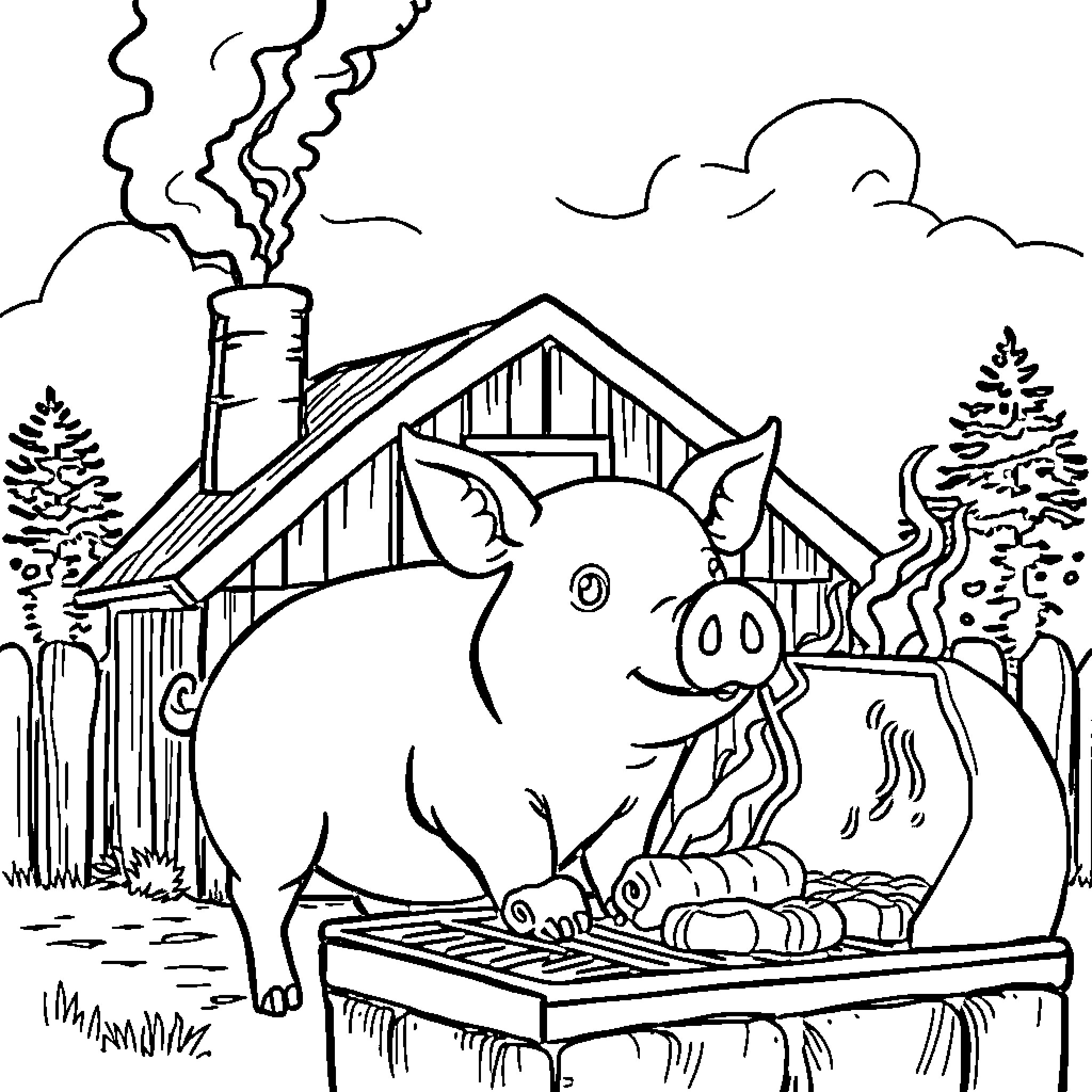 Pig relaxing on a farm Coloring Page (free black-and-white line drawing printable PDF for all, from beginners to advanced learners, including children, teens, adults, and seniors)